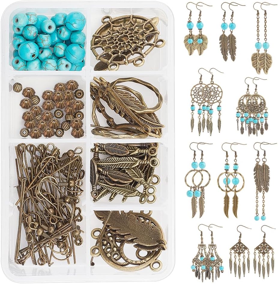 SUNNYCLUE 1 Box DIY Make 10 Pairs Turquoise Beads Earrings Making Kits Tibetan Style Alloy Pendants Chandelier Components Links for Women Beginners DIY Jewelry Making, Antique Bronze