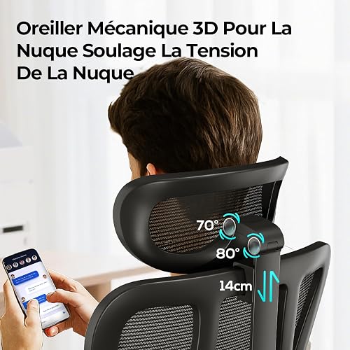 Hbada P3 Pro Chaise de Bureau Ergonomique Fauteuil de Bureau - Soutien Lombaire 2D Réglable, Appui-Tête & Accoudoirs 3D, Inclinaison 135° sans Crans, Tissu Mesh Triple Couche, Noir sans Repose-Pieds - 4