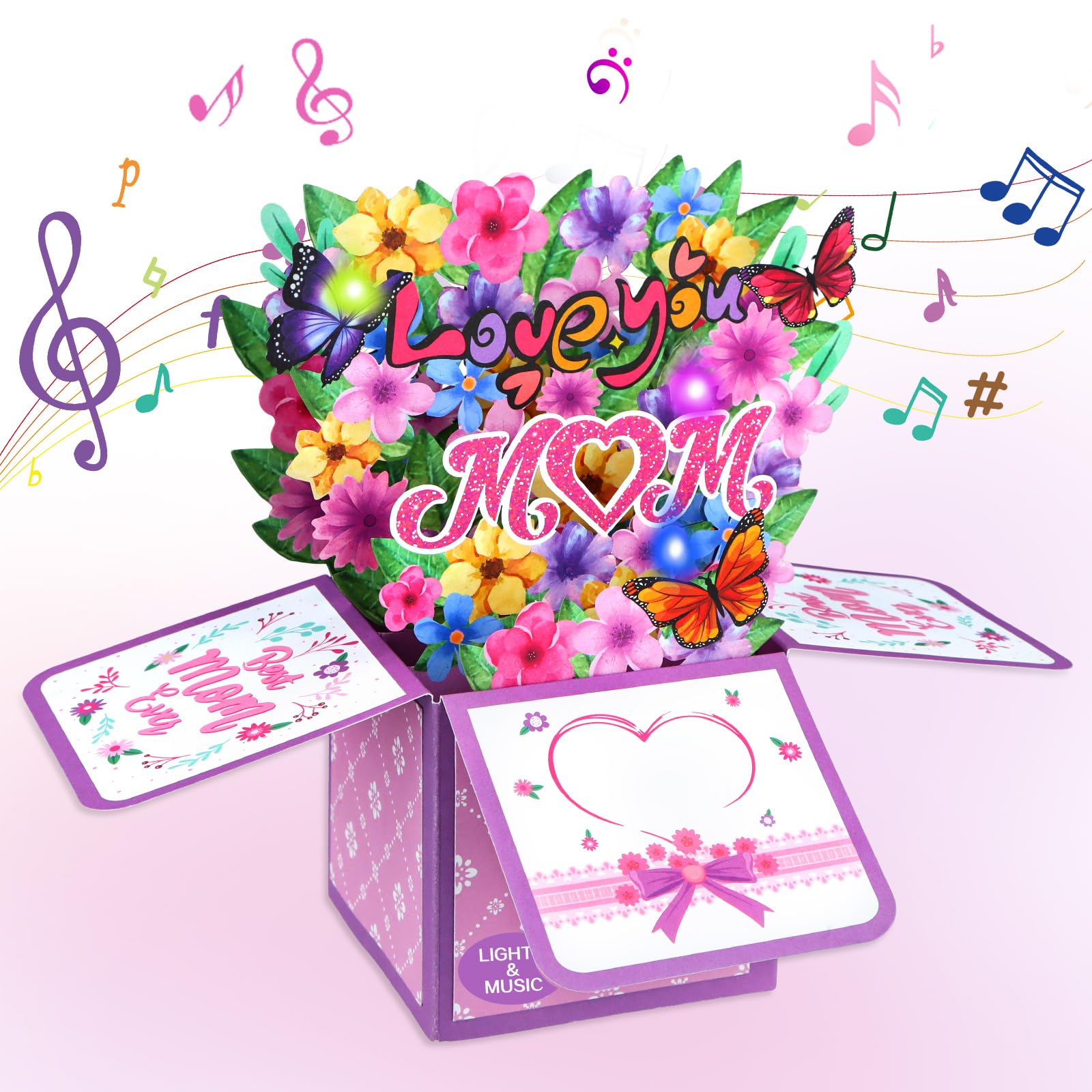 FaCraft Tarjeta musical desplegable para el día de la madre, luces 3D y música, con sobre e inserto en blanco para mamá, hija, tía, esposa, abuela de hija, hijo, marido (Love You Mom)