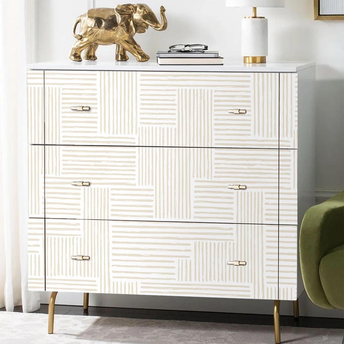 Naphite Modern Stripe Peel and Stick Wallpaper Boho Contact Paper for Cabinets Drawers Geometric Self Adhesive Removable Wallpaper for Bedroom Waterproof Beige/White Neutral Wall Decor 17.3inW 393inL