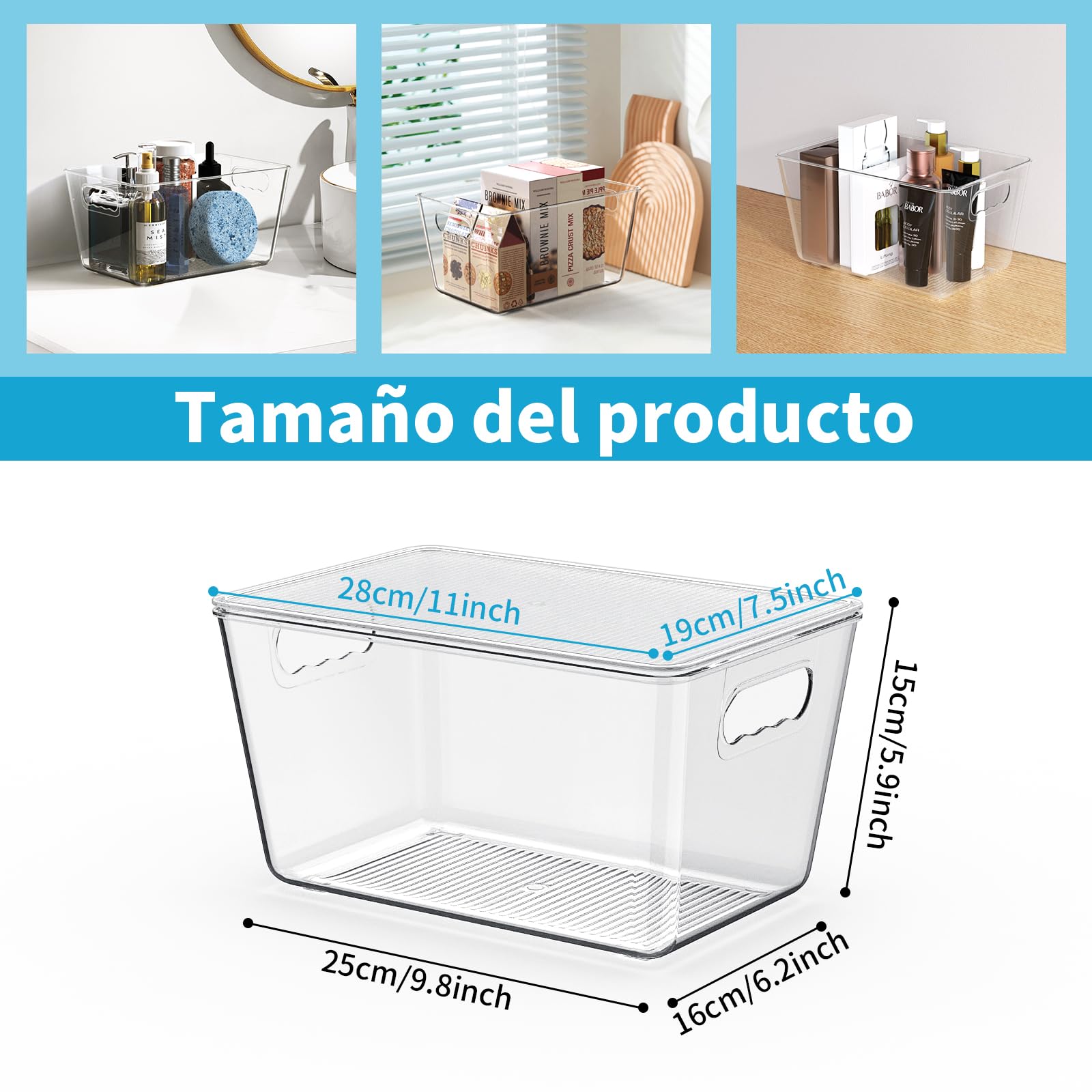 Paquete de 6 contenedores de almacenamiento transparentes con tapa, apilables y con asas fáciles de agarrar para armarios de cocina, despensa, refrigerador y congelador