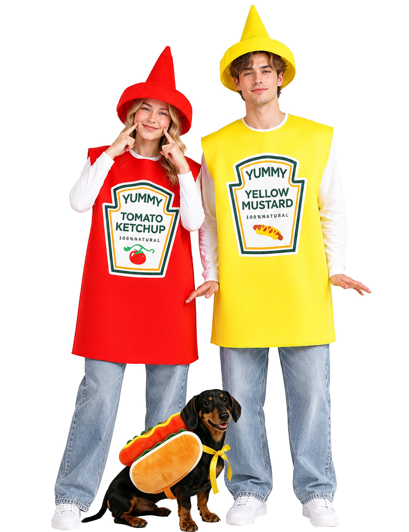 Ketchup Mustard and Hot Dog Costume Adult Set 5PCS Funny Food Tunic Outfits for Couples Family Halloween Party Cosplay