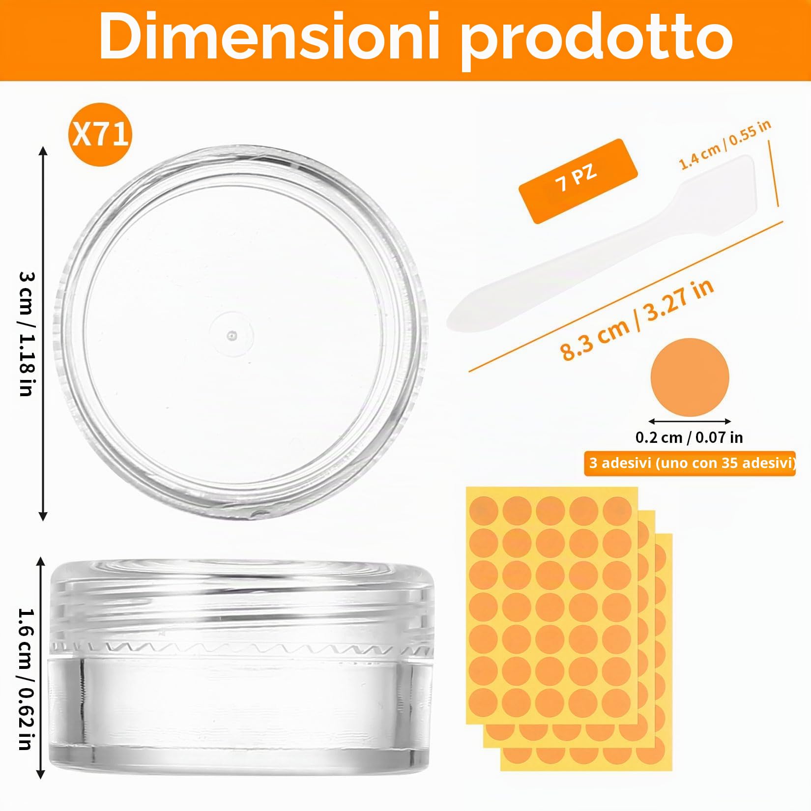 71 Pz Barattolini Plastica Piccoli con Tappo, 5ML Mini Barattoli per Campioni, Vasetti Piccoli per Cosmetici, Barattoli da Viaggio Campioncini Creme, Contenitori per Creme + Raschietto/Etichette