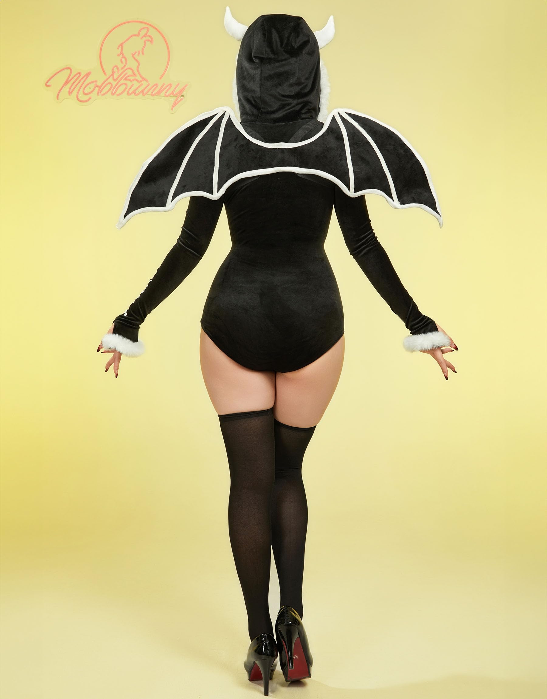 Mobbunny Women's Gothic Skull Style Romper Onesie Pajamas Halloween Skeleton Costume with Wings Hooded Short Jumpsuit: X-Large Black