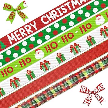 Hying 6 PCS Christmas Ribbons for Crafting, 3/8" Width Red Green Grosgrain Ribbons Xmas Trees Santa Ribbon Winter Holiday Craft Ribbons for Gift Wrapping DIY New Year Christmas Decorations