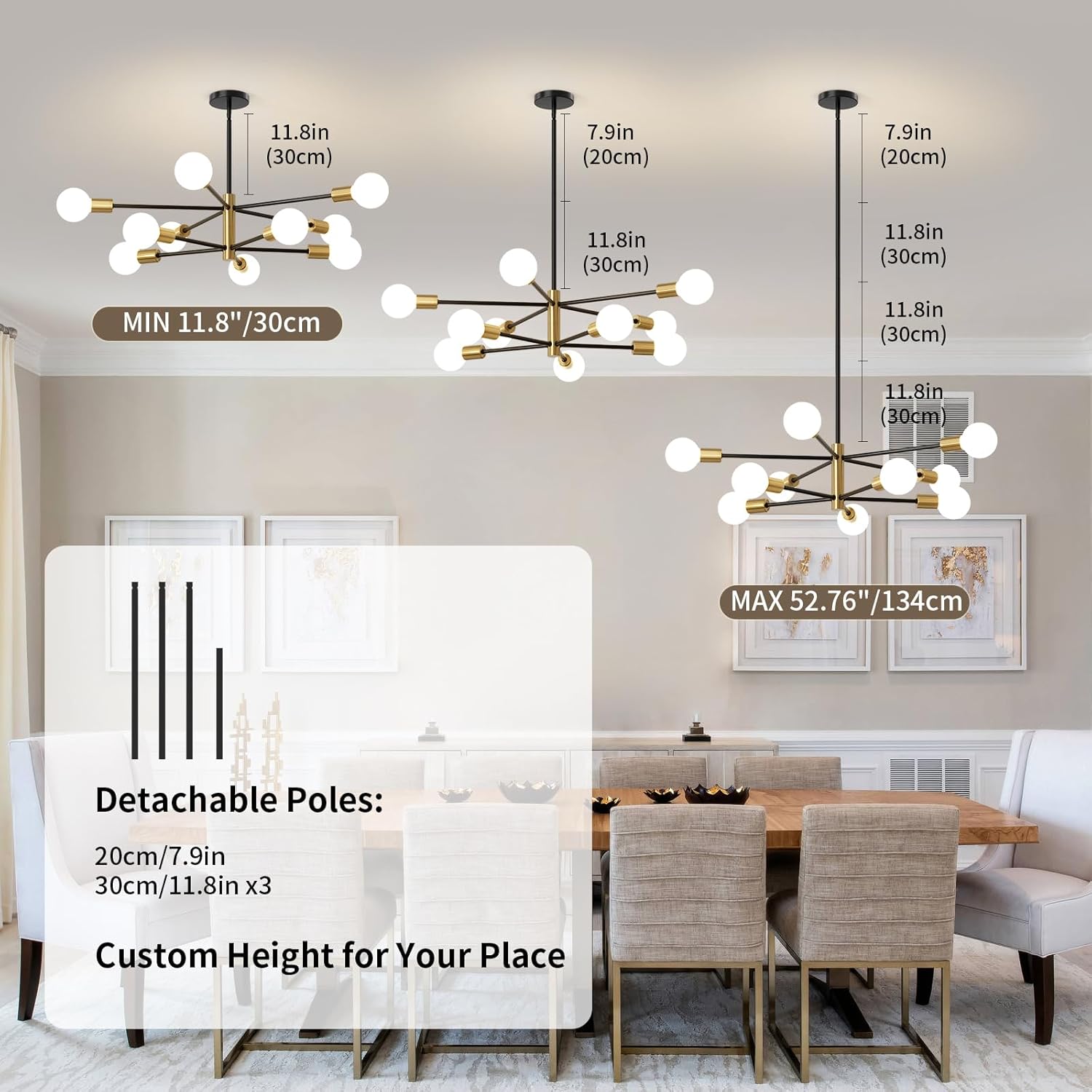 Sputnik Chandeliers Moderna Light Fixture, 10 Lights Black and Gold Mid Century Ceiling Chandelier, Height Adjustable for Living Room, Kitchen, Dining Room, Bedroom,Foyer