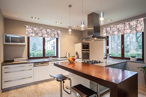 Miniatura 5 de Cenefa de cortina corta opaca con bolsillo para barra, diseño de flores rosadas y hojas en gris, para decoración de cocina, dormitorio, 52 x 18