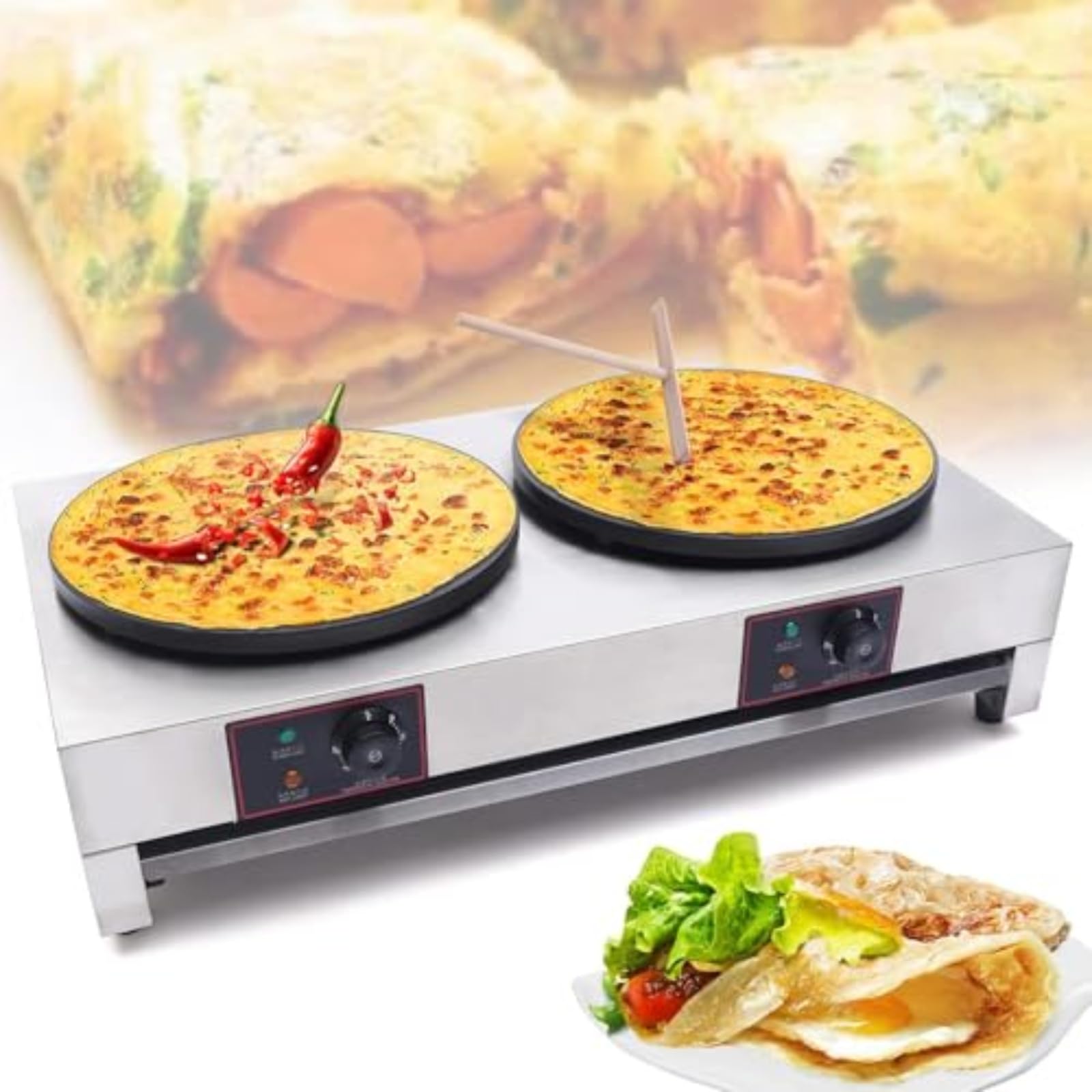 YNIYUJKL Electric Crepe Maker, Double Head Commercial Griddle For Blintzes, High Temp Range 122°F-572°F, Professional Crepe Machine For Restaurants And Catering