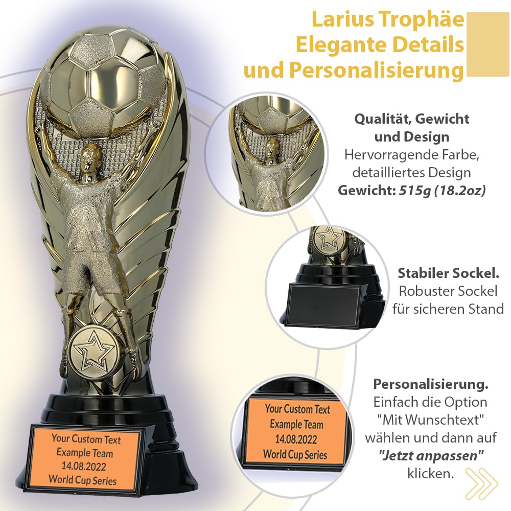 Larius Trofeo Calcio Premium 19/22/25 cm – Oro, Peso Fino a 1,2 kg – con/Senza Incisione Personalizzata | Elegante Coppa per Campioni, tornei e Club – F1