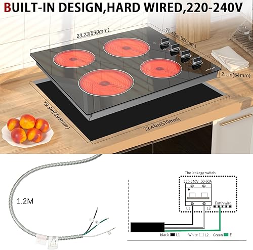 Miniatura 6 de Noxton Estufa eléctrica de 24 pulgadas, 4 quemadores, estufa eléctrica de cerámica radiante integrada de 24 pulgadas con control de perilla,