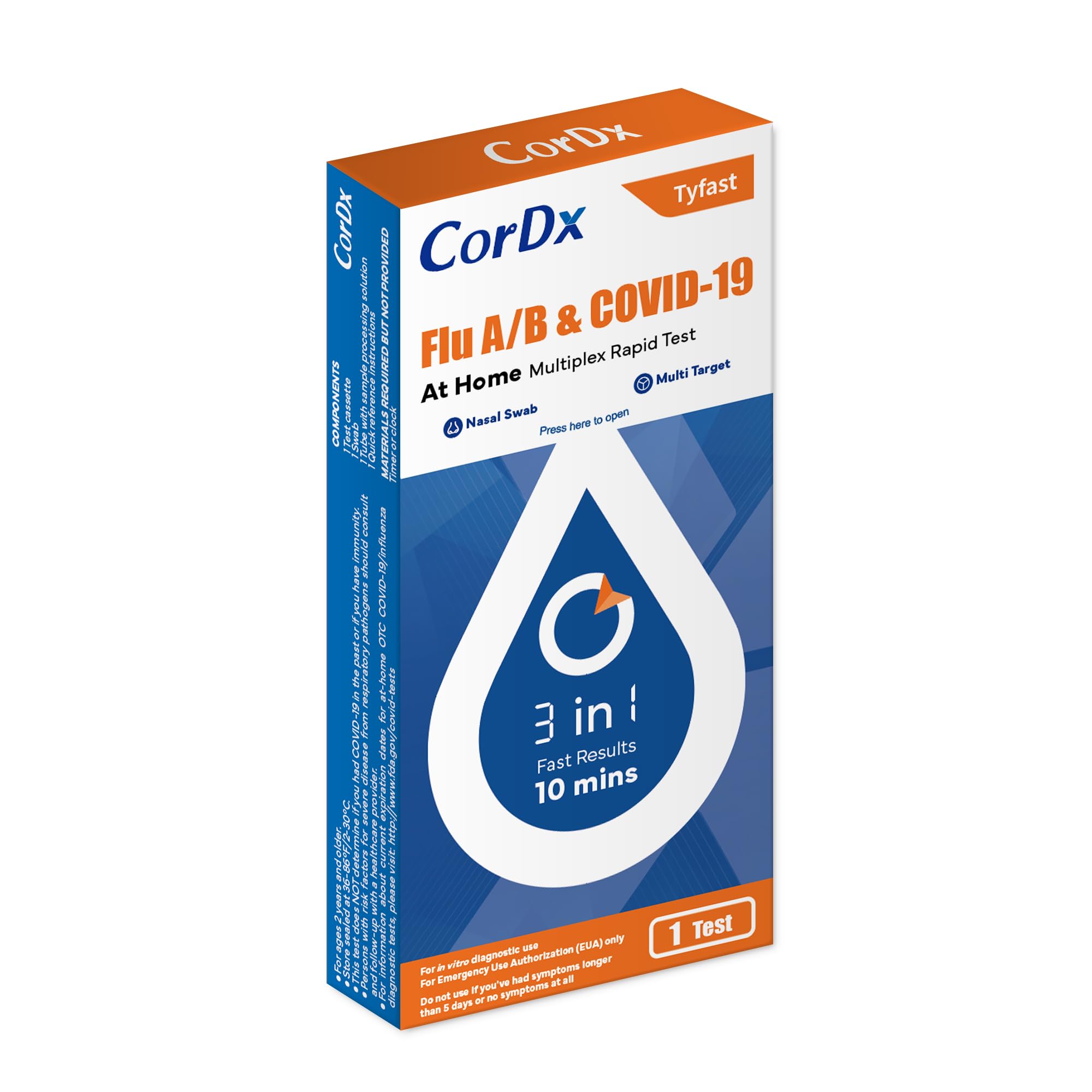 CorDx TyFast Flu A/B & Covid 19 Multiplex Rapid Test, 10 Mins at Home, FDA Authorized, 3 in 1 Combo Kit, 1 Test