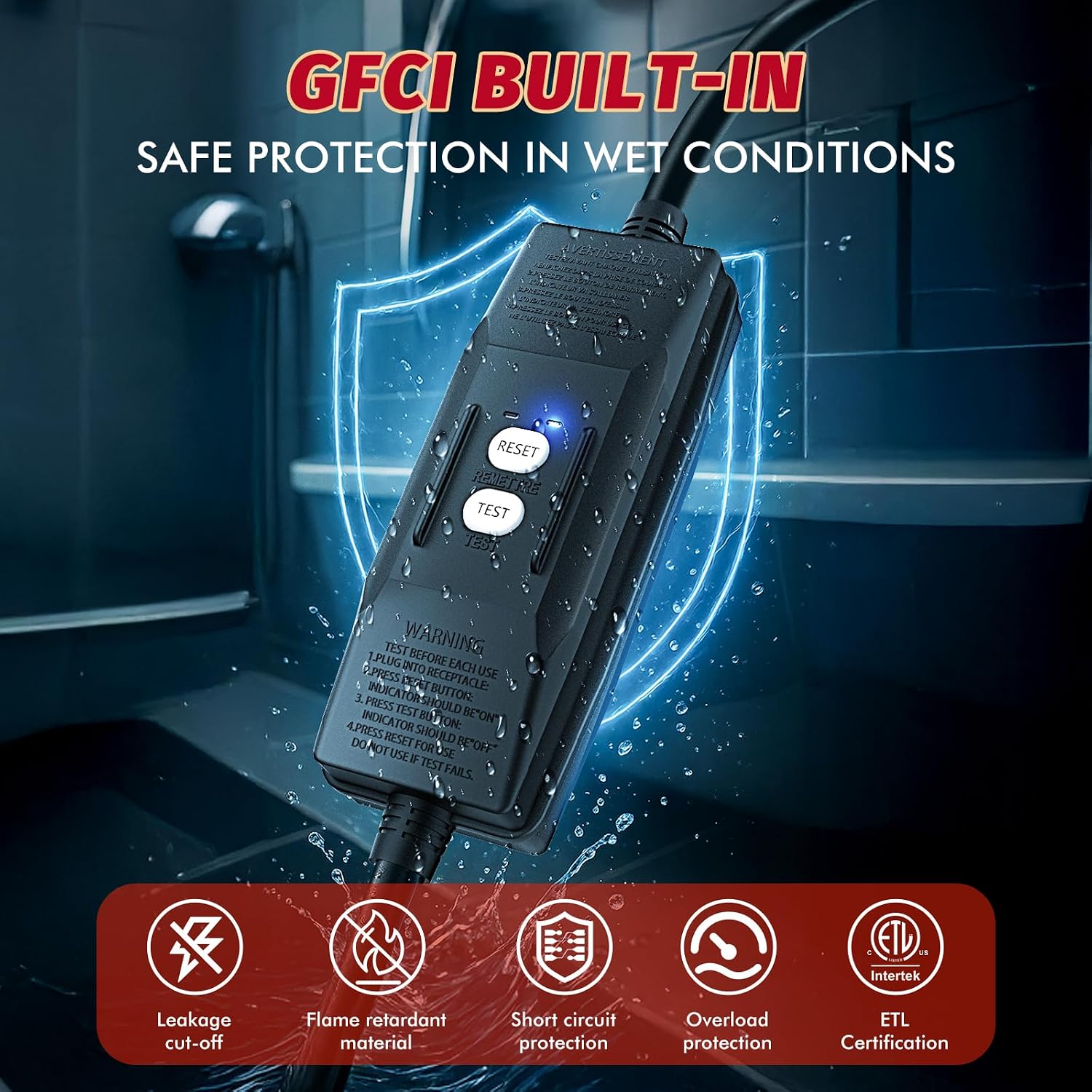 2000W Immersion Water Heater with Thermostat & GFCI Protection, Fully Submersible Electric Water Heater for Bucket, Water Tank, Stock Tank, Fast Heating for Camping & Outdoor Use