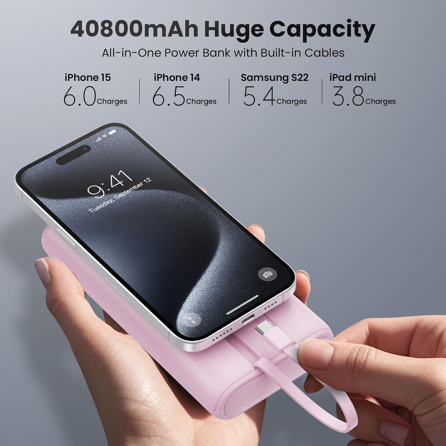 Upgraded Portable Charger 40800mAh Power Bank - Portable Battery with 2 Built in Cables,PD 25W USB C Fast Charging Battery Pack Compatible with iPhone 17 16 15 14 13 Android Phone Tablets etc-Pink