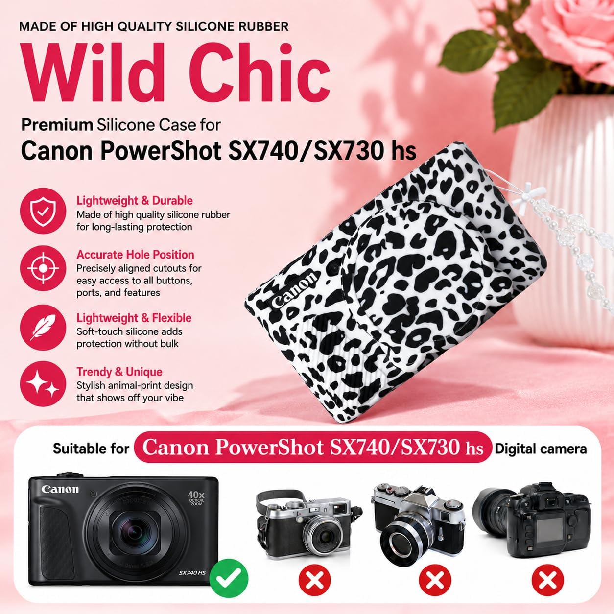 Cute Camera Case for Canon PowerShot SX740 HS/SX730 HS,Silicone Protective Cover with Removable Lens Cap,Wrist Strap & 2 Pack Tempered Glass Screen Protector for Women (White Leopard) image 2