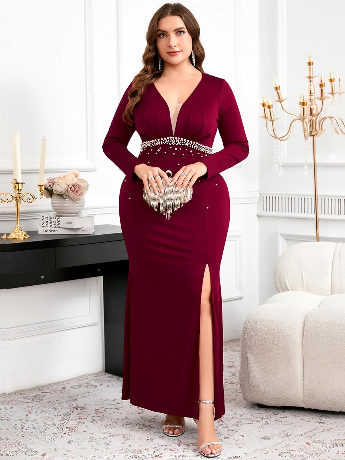 Plus Size Formal Maxi Dress Deep V-Neck Long Sleeves Mermaid Pearl Beaded Dresses Cocktail Wedding Evening Gown - Image 2