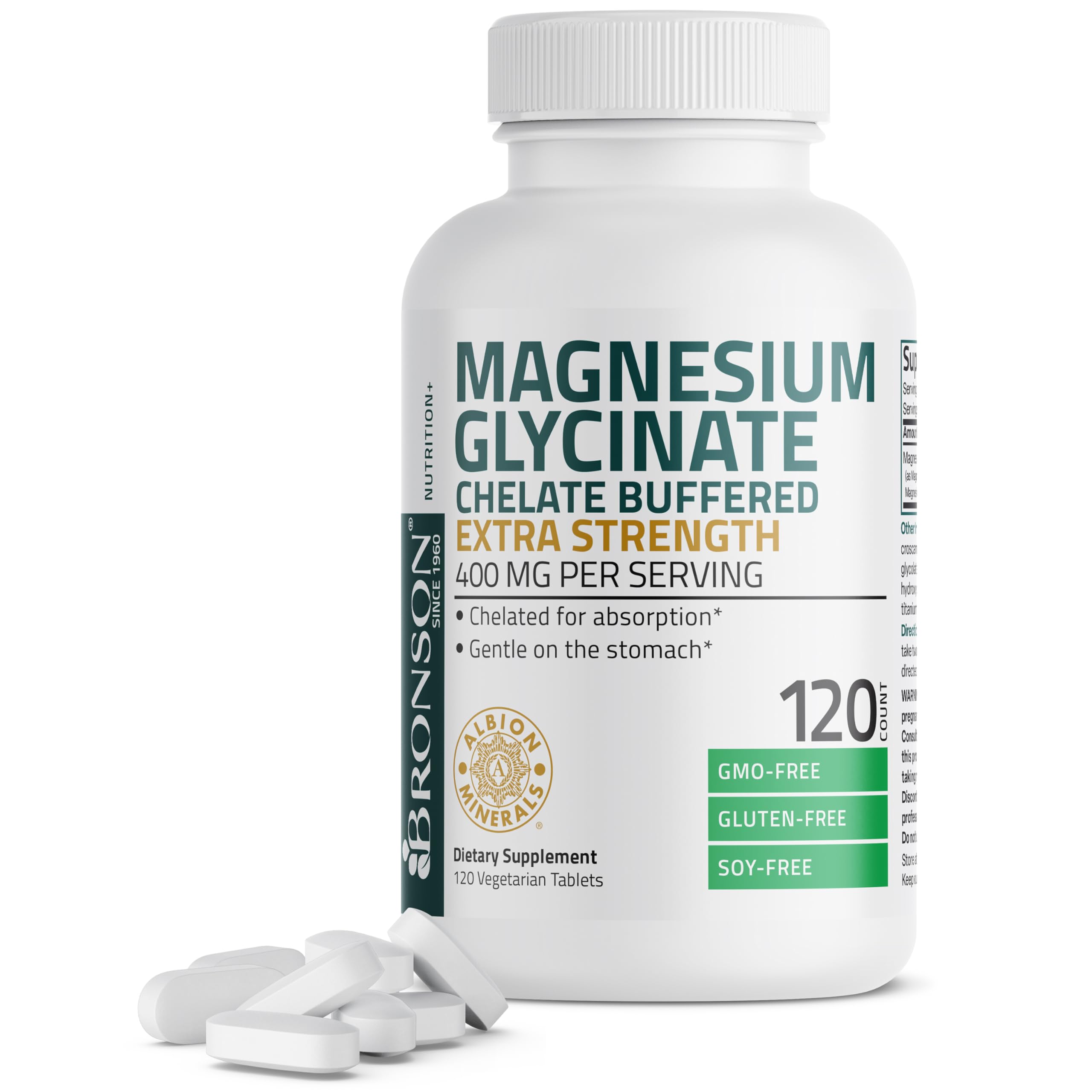 Bronson Magnesium Glycinate 400 mg Buffered & Chelated, 120 Tablets 120 Count (Pack of 1)