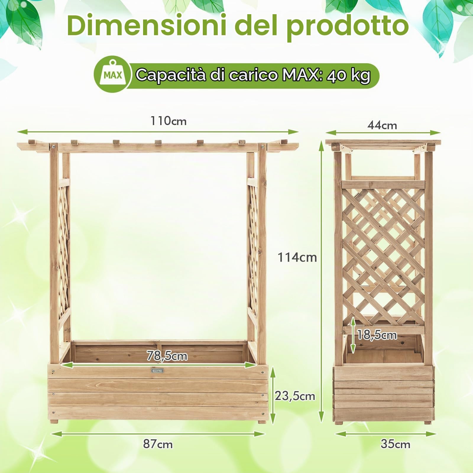 RELAX4LIFE Fioriera da Esterno con Traliccio Superiore e 2 Griglie Laterali, Orto Rialzato da Giardino in Legno di Abete con Drenaggio per Piante Rampicanti, Frutti e Fiori (Naturale, 110x44x114cm)