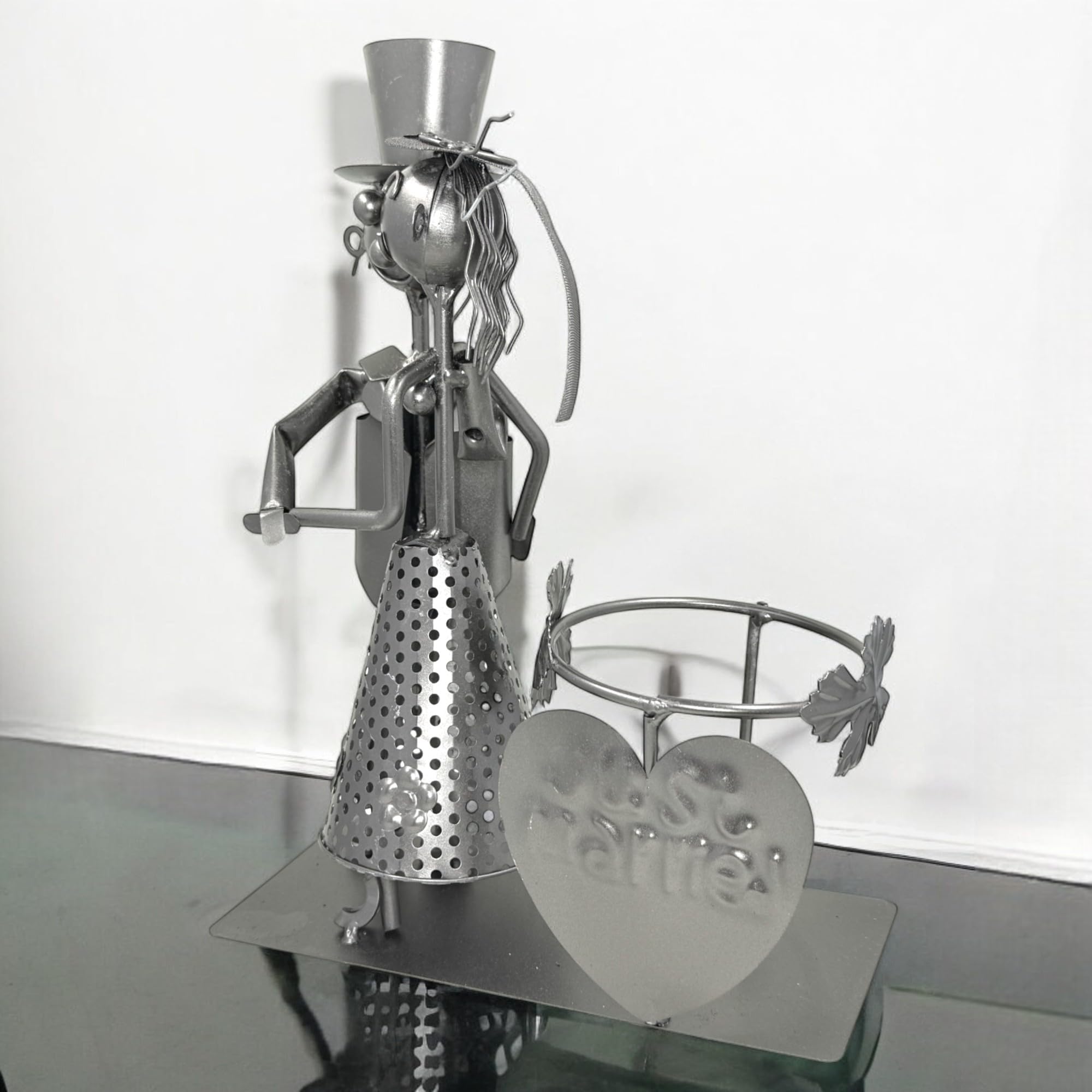 MIJOMA Porte-bouteille de vin « Couple de mariés » - Décoration de mariage romantique en métal - 28 cm - Idéal pour champagne, vin et décoration de table