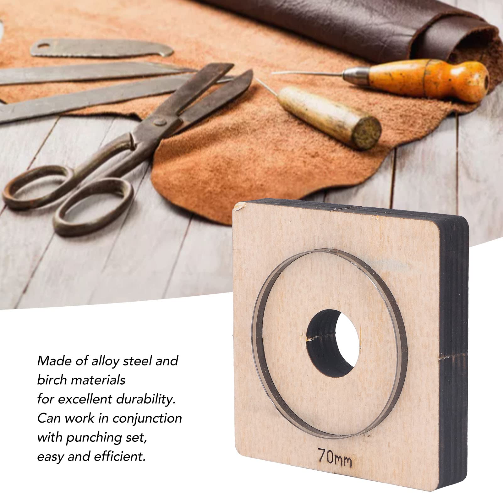 Fustelle per Pelle con Tavola di Legno, Stampi per Punzonatura in Acciaio Legato Fustella Rotonda per Cartone per Portafogli in Tessuto di Pelle da 70 mm