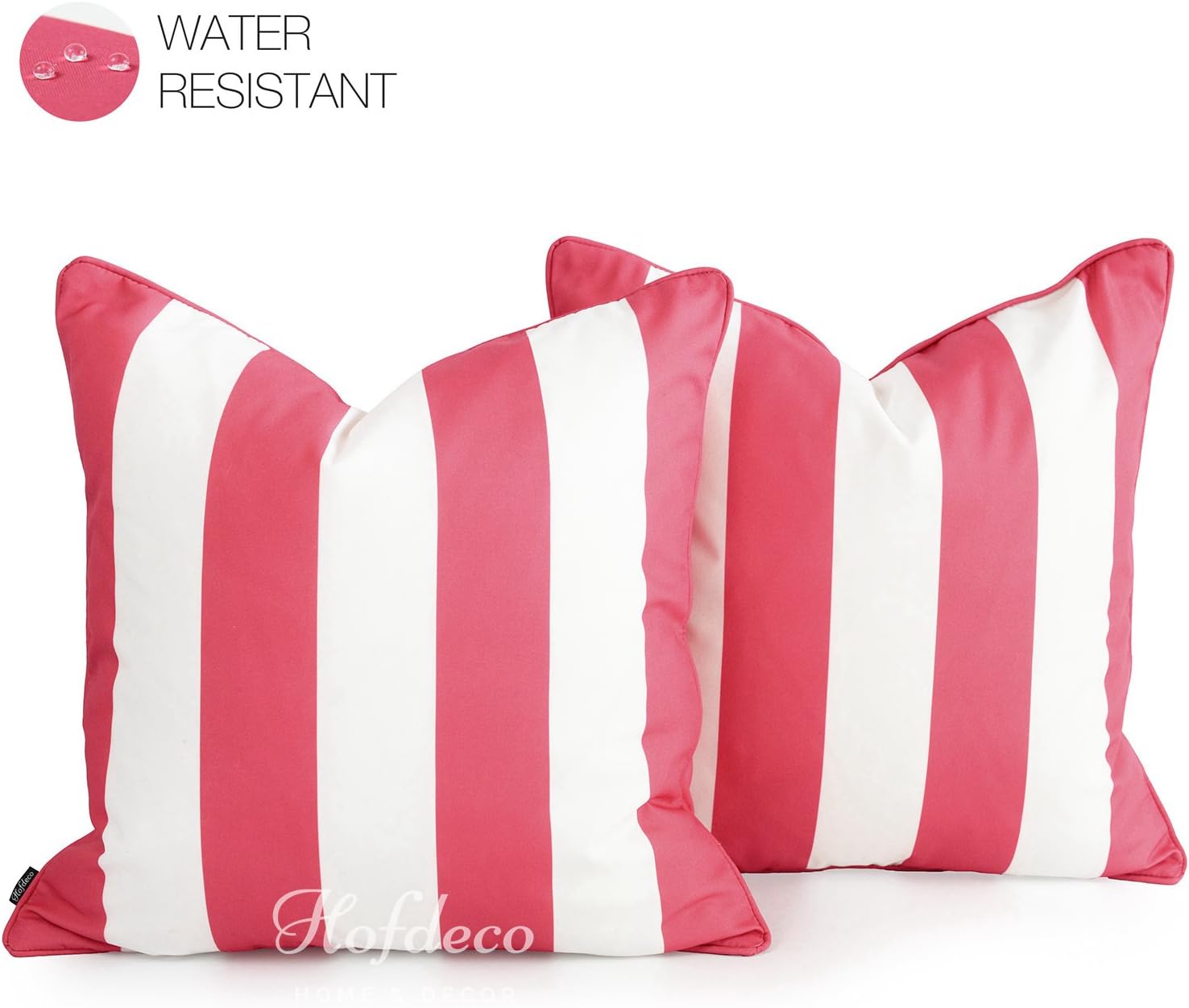Hofdeco Indoor Outdoor Pillow Cover ONLY, Water Resistant for Patio Lounge Sofa, Hot Pink White Stripes, 18"x18", Set of 2