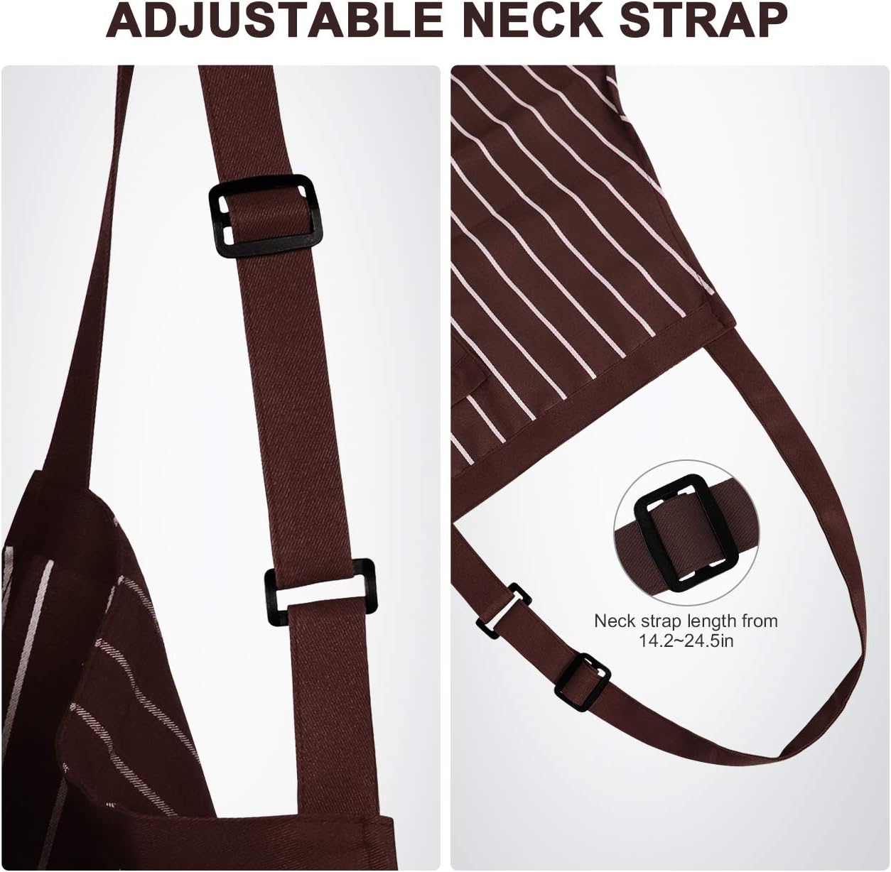 Syntus 2 Pack Adjustable Bib Apron with 3 Pockets Cooking Kitchen Aprons for Women Men Chef, Brown/White Pinstripe