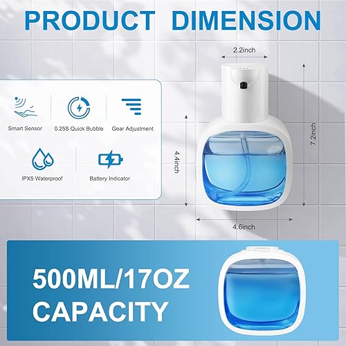 Miniatura 4 de Dispensador automático de jabón espumoso con capacidad de 16.9 fl oz17 onzas, dispensador de jabón sin contacto con 4 niveles ajustables,