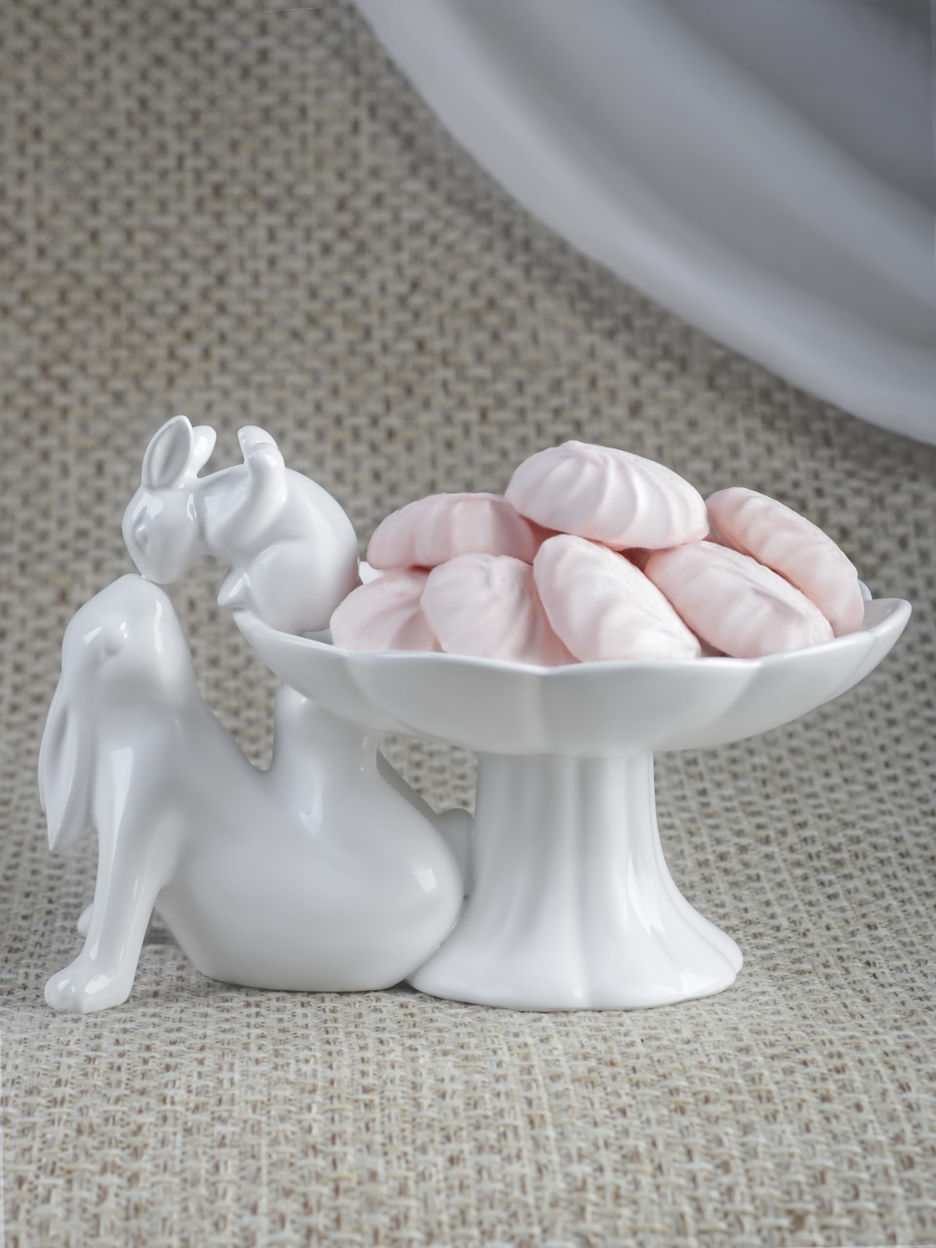 Kissing Bunnies Ceramic Candy Bowl - White Retro Rabbit Candy Dish For Easter & Special Occasions