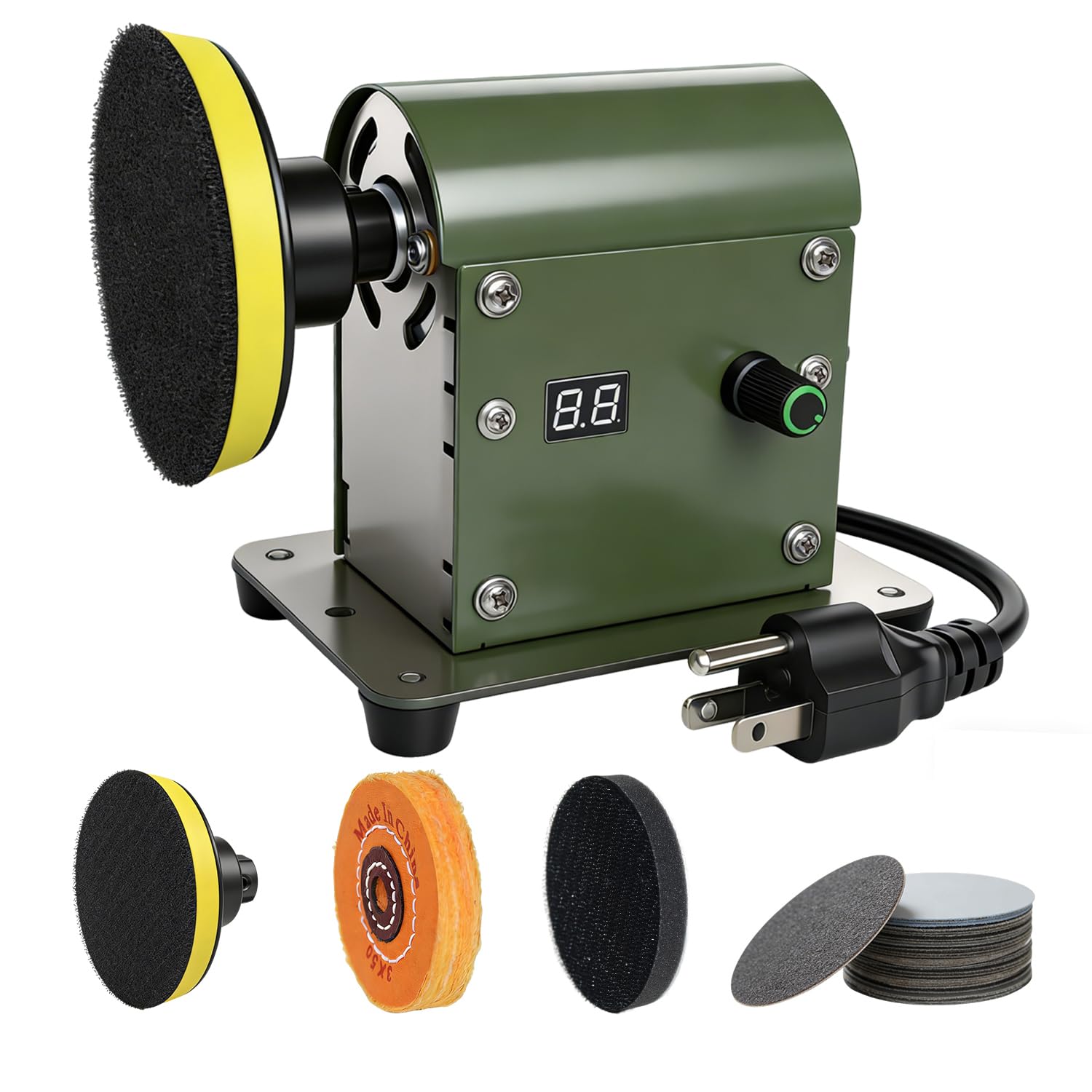 BTBEMO Electric Resin Sander and Polishers, Resin Polishing Kit, Adjustable Speed&Low Noise with 28 PCS Wet and Dry Sandpaper and 1Pcs Cotton Polishing wheel for Wood, Jewel, Metal (Olive Green)
