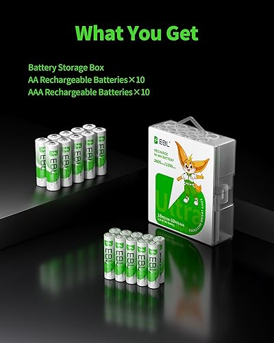 Miniatura 4 de EBL Combo de baterías recargables, AA 2800mAh (paquete de 10) y AAA 1100mAh (paquete de 10) baterías recargables Ni-MH precargadas de alta capacidad
