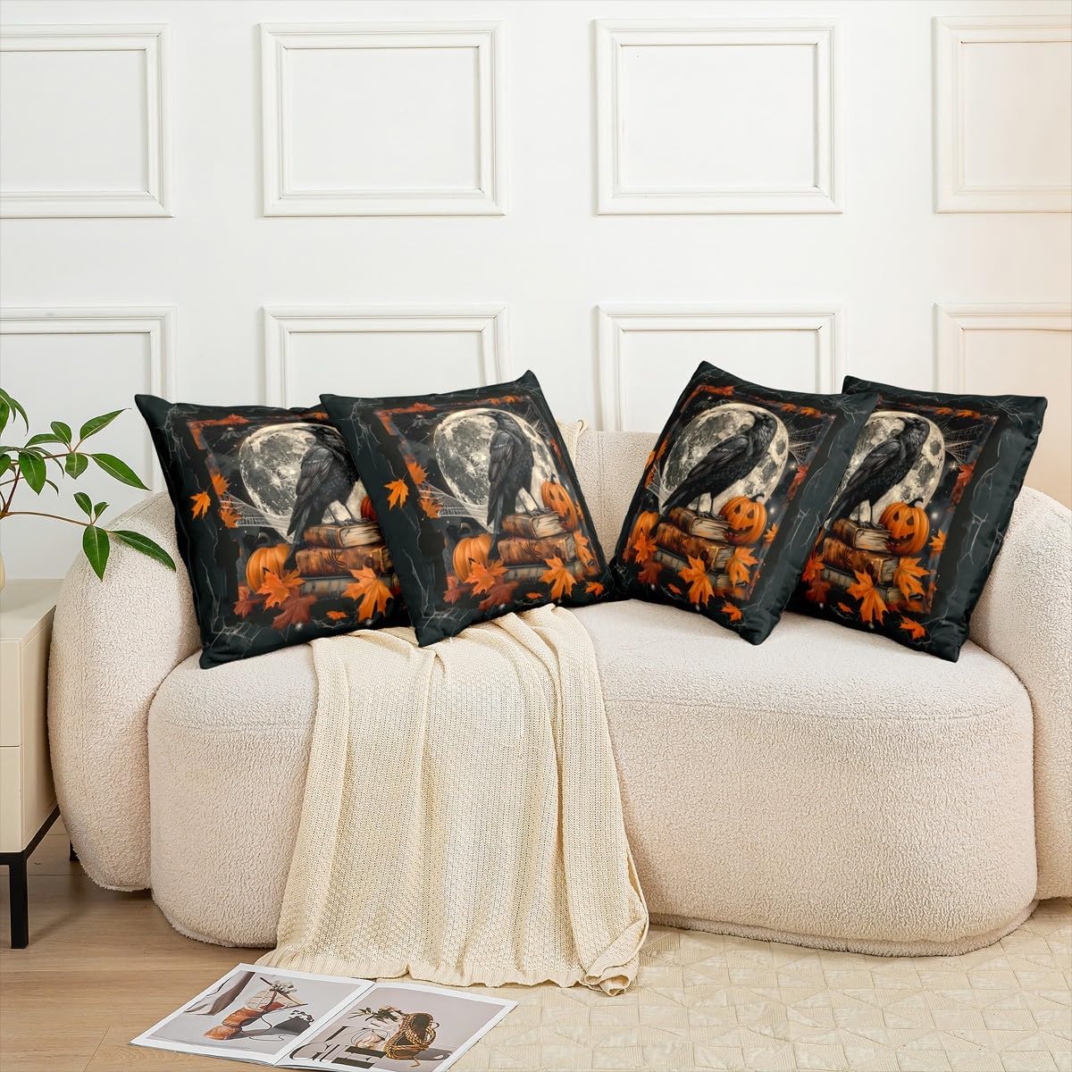 Halloween Cushion Cases 2 Piece Gothic Crow Throw Pillow Covers For Sofa Couch Bed Home Outdoor Car Raven Pumpkin Black Cushion Covers 22X22 Inch Moon Maple Leaf Vintage Decorative Square Pillowcases