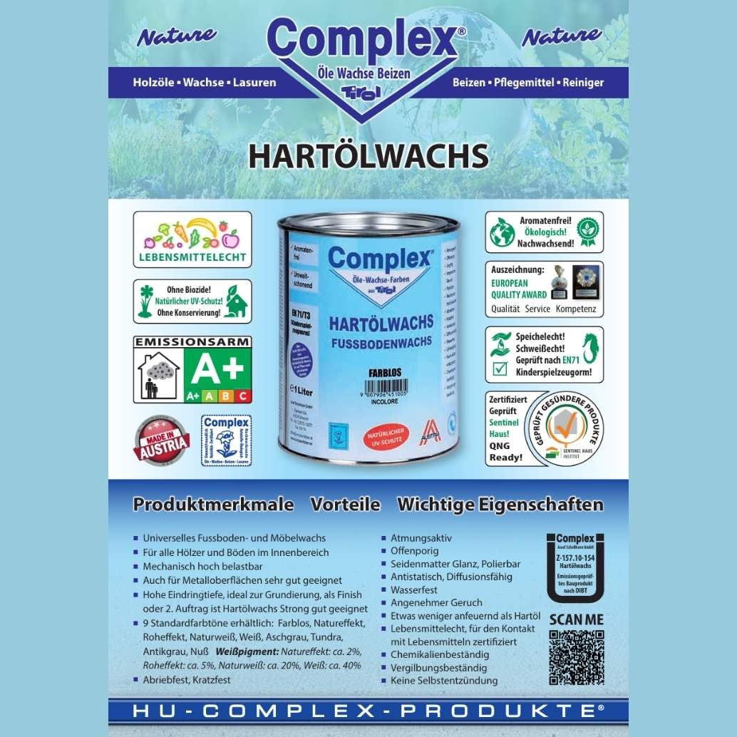 Complex Hartölwachs – universelles Holz- & Möbelöl mit minimalem Wachsanteil, lebensmittelecht, atmungsaktiv & widerstandsfähig – 1 Liter