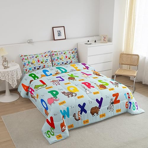 Miniatura 2 de jejeloiu Juego de edredón educativo para niños, tamaño King, juego de ropa de cama con números del alfabeto ABC para niños y niñas pequeños con