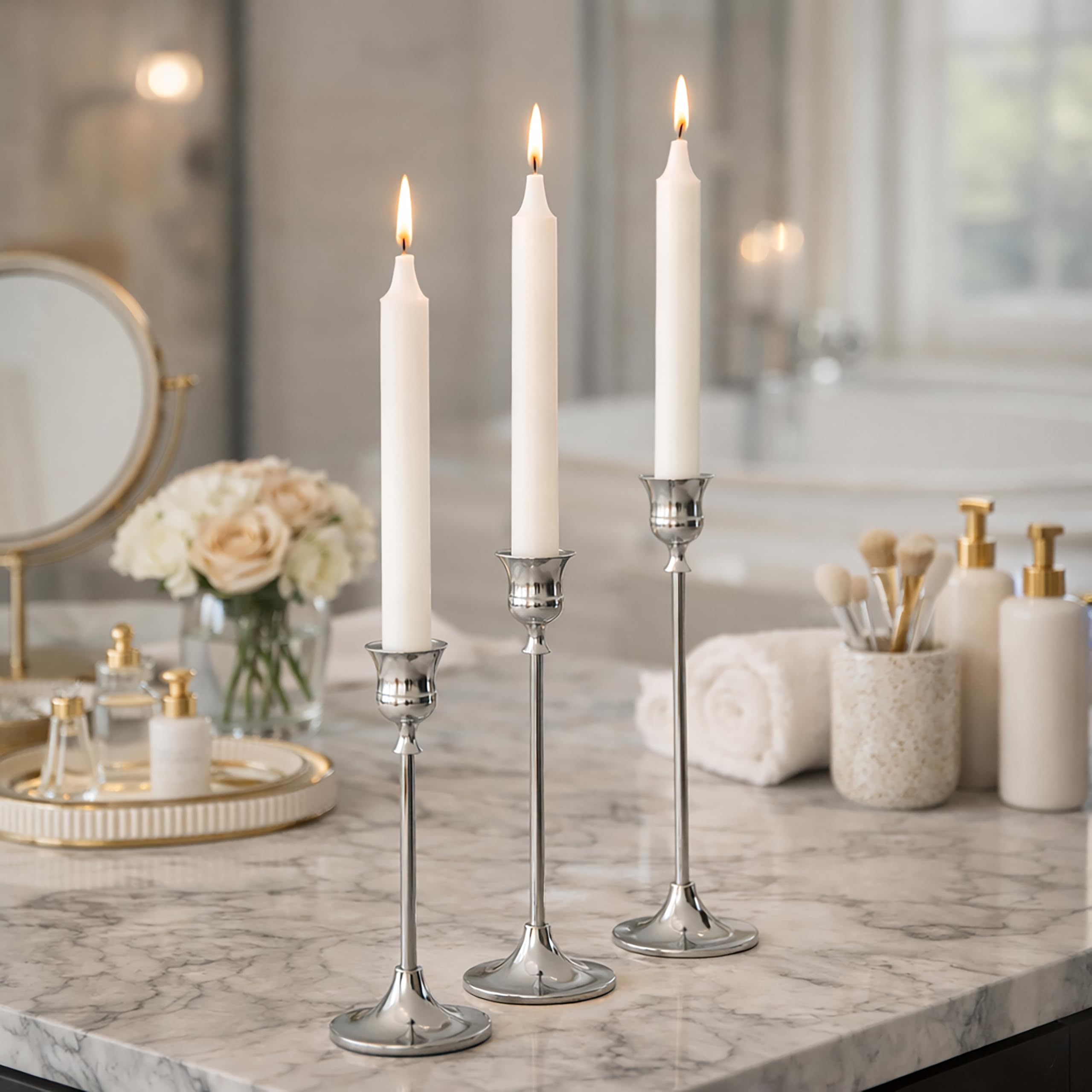Marco Paul 3 Pack Silver Christmas Candle Holder – Candle Set with Unscented Candlesticks & Metal Holders - Dinner Candles for Xmas Table Decor, Festive Centrepiece, Wedding Decor & Mantelpieces