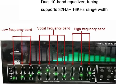 31-Band Digital Equalizer, Digital Audio Stereo Graphic EQ, LED Music Spectrum Analyzer, with Noise Reduction, 12 Rhythm Patterns, for Recording Studio