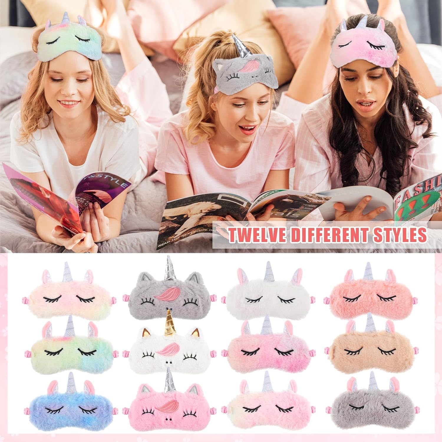 24 Stück Sleepover Stuff enthalten 12 Einhorn-Augenmasken und 12 Haar-Stirnbänder mit Fliege zum Waschen des Gesichts, Schlafmaske, elastische Hautpflege-Stirnbänder, Übernachtungs-Partygeschenke für
