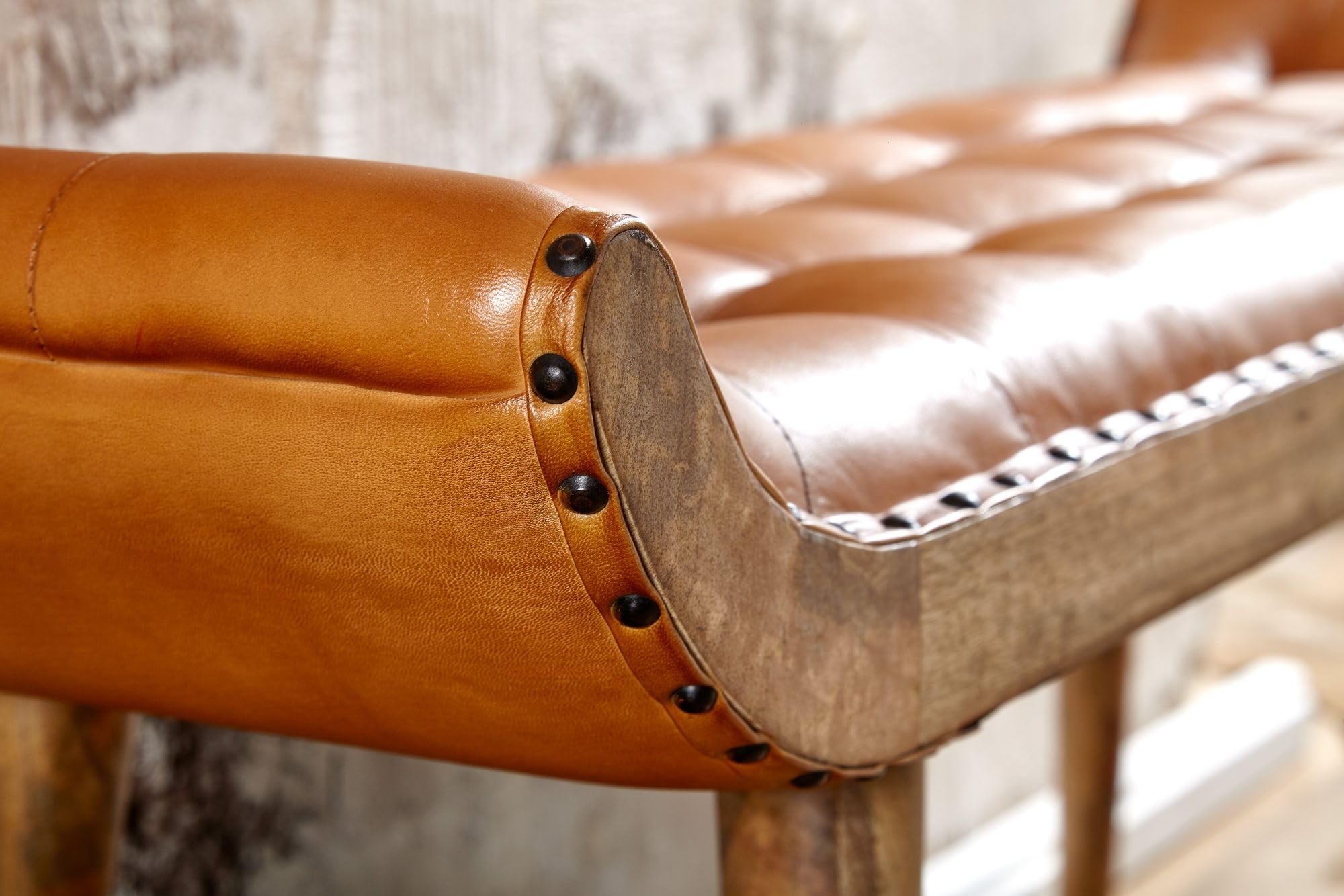 FineBuy Banc 125x38x50 cm Bois Massif Cuir Véritable, Chesterfield