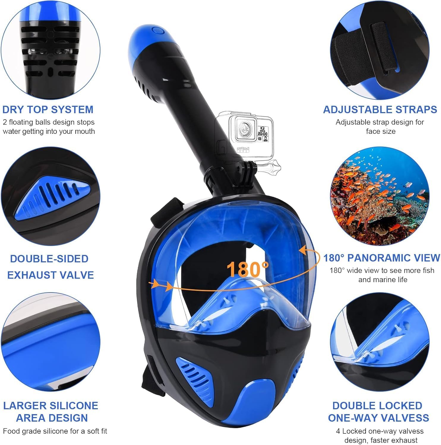ANSUN Snorkel Mask Full Face, Snorkeling Gear for Adults with Latest Safety Breathing System and Dry Top System, 180° Panoramic View Snorkeling Mask with Silicone Anti-Fog Anti-Leak - Image 7