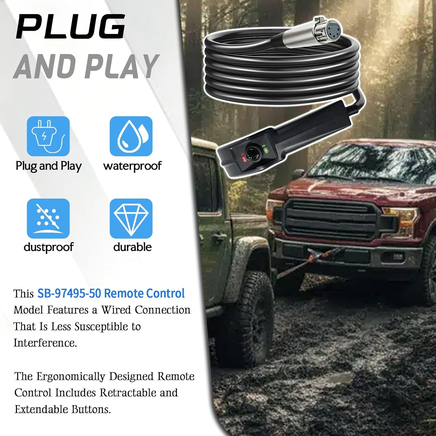 SB97495-50 Winch Remote Control Compatible with SmittyBilt XRC Gen2 Series, Fit for XRC8, XRC10, XRC12 & XRC15 etc Winch, Replacement for XRC Gen 2 & X2O Gen 2 Winch Controller, Replace # 97495-50