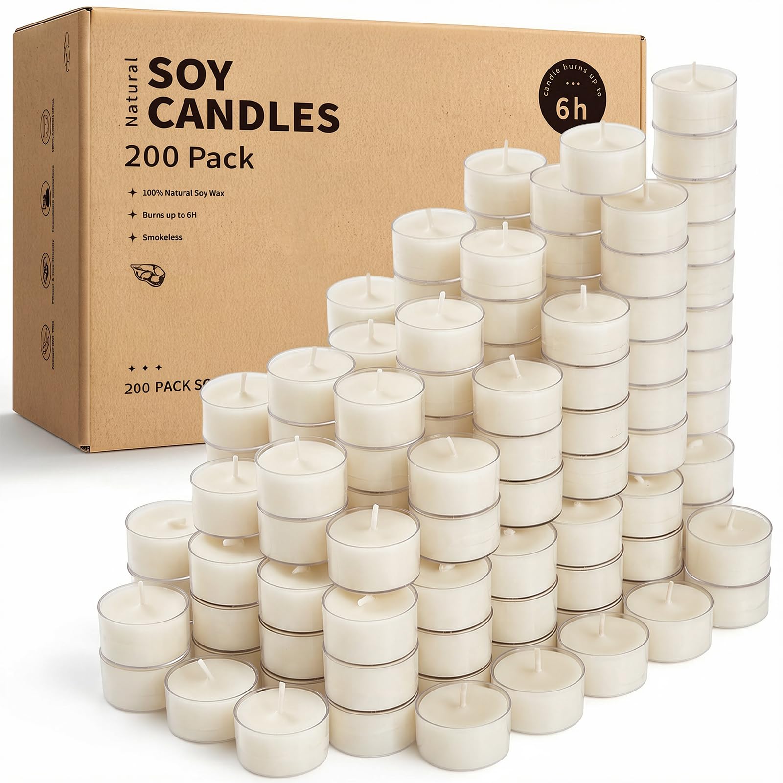Ashlux Bougies chauffe-plat Cire de Soja, 200 Un., 4h, Blanc | sans odeur, sans fumée, sans paraffine, coque acrylique – idéal pour Noël, mariage, fête et décoration