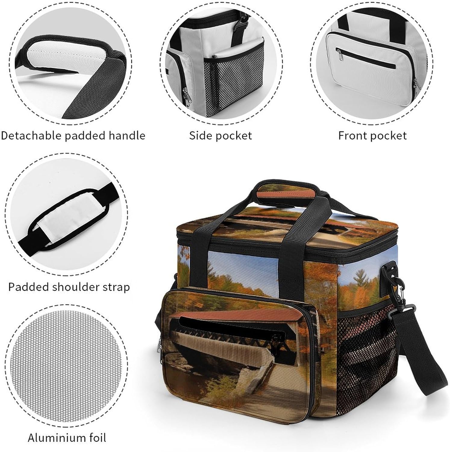 Camping Ice Pack, Albany Covered Bridge Print Cooler Bag, 22.5L Large Capacity Insulated Lunch Tote Bag for Outdoor, Picnic, BBQ, Travel, Work