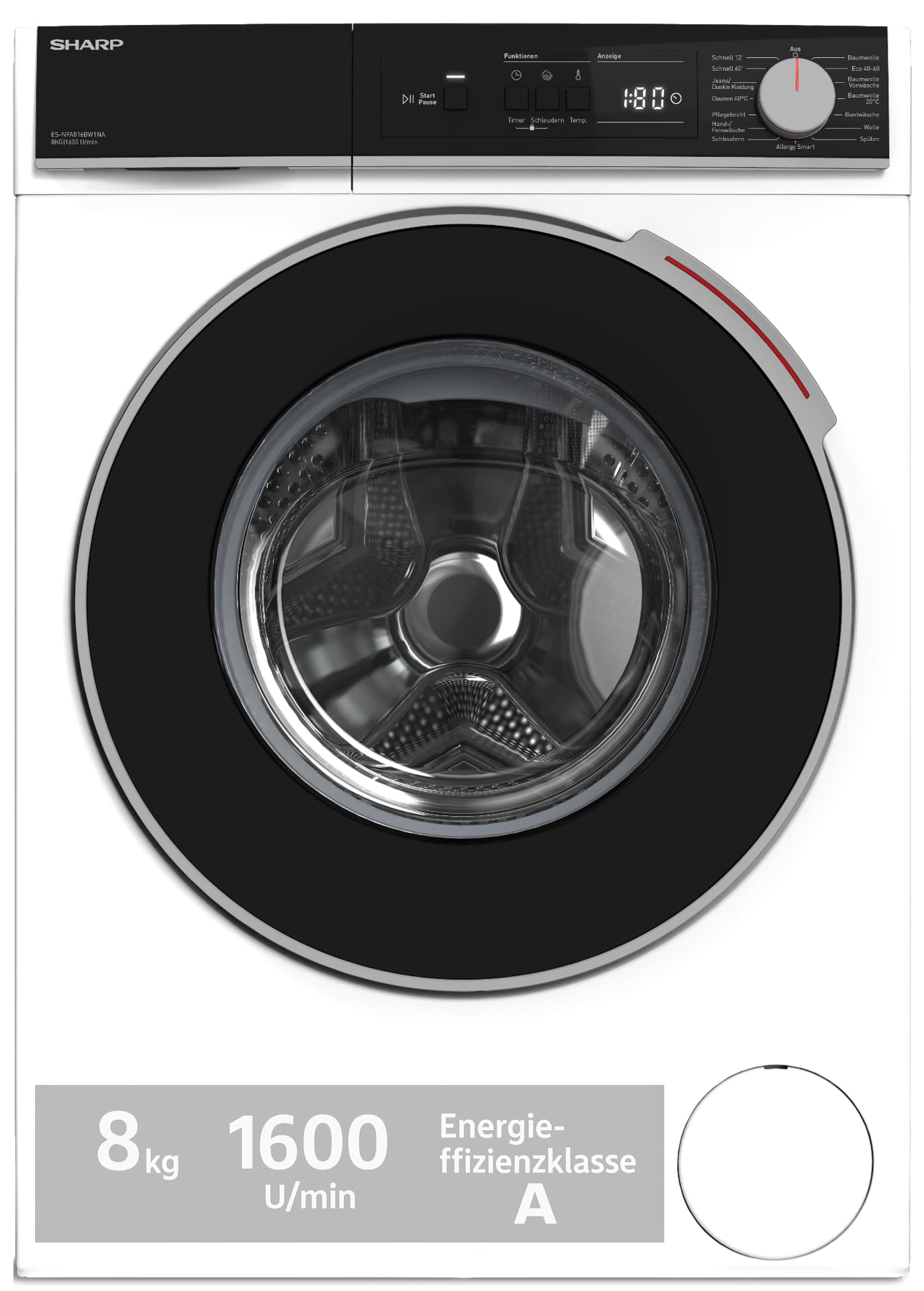 SHARP ES-NFA816BW1NA-DE Waschmaschine (8 kg, EEK A, 1600 U/min.), (Inverter Motor, AquaStop), Weiß