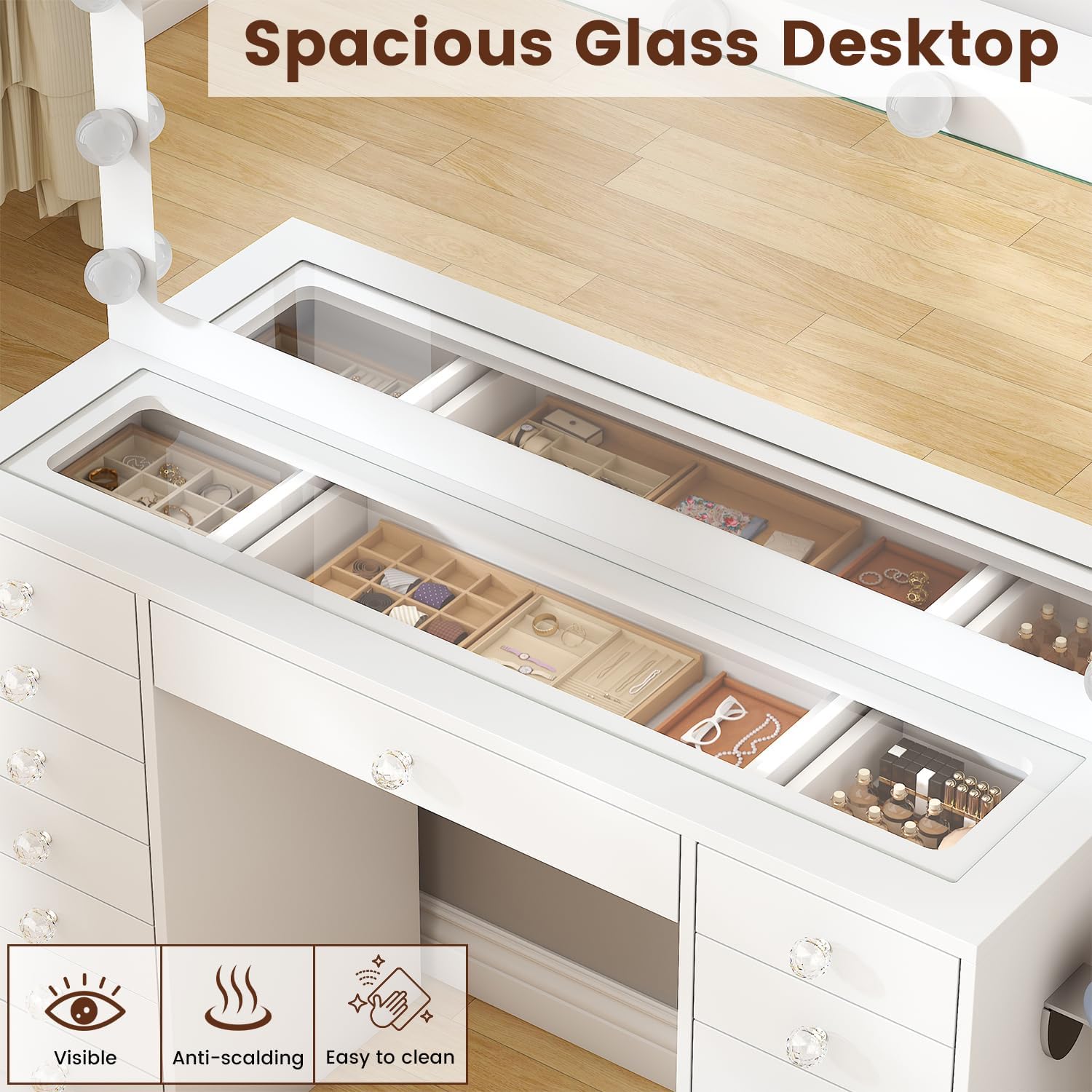 Bigbiglife Makeup Vanity Desk with Mirror and Lights, Large Vanity Table with 15 Drawers Tempered Glass Top,Dressing Table with 12 Light Bulbs and Charging Station for Bedroom (White)