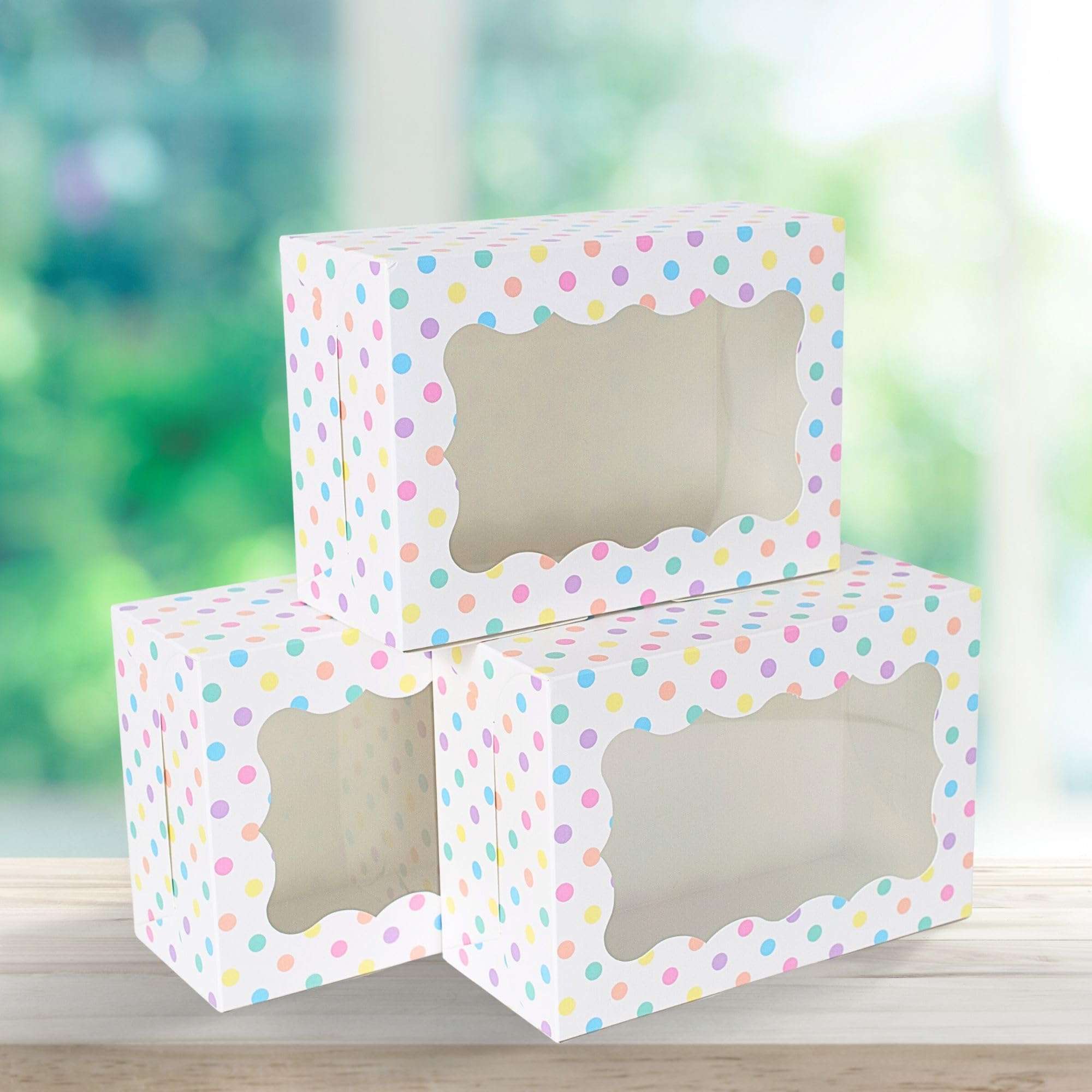 Cajas de galletas de lunares, paquete de 12 unidades, cajas de galletas de lunares pastel con ventana, bonitas cajas de regalo de panadería coloridas para cumpleaños, cupcakes, pasteles, fresas