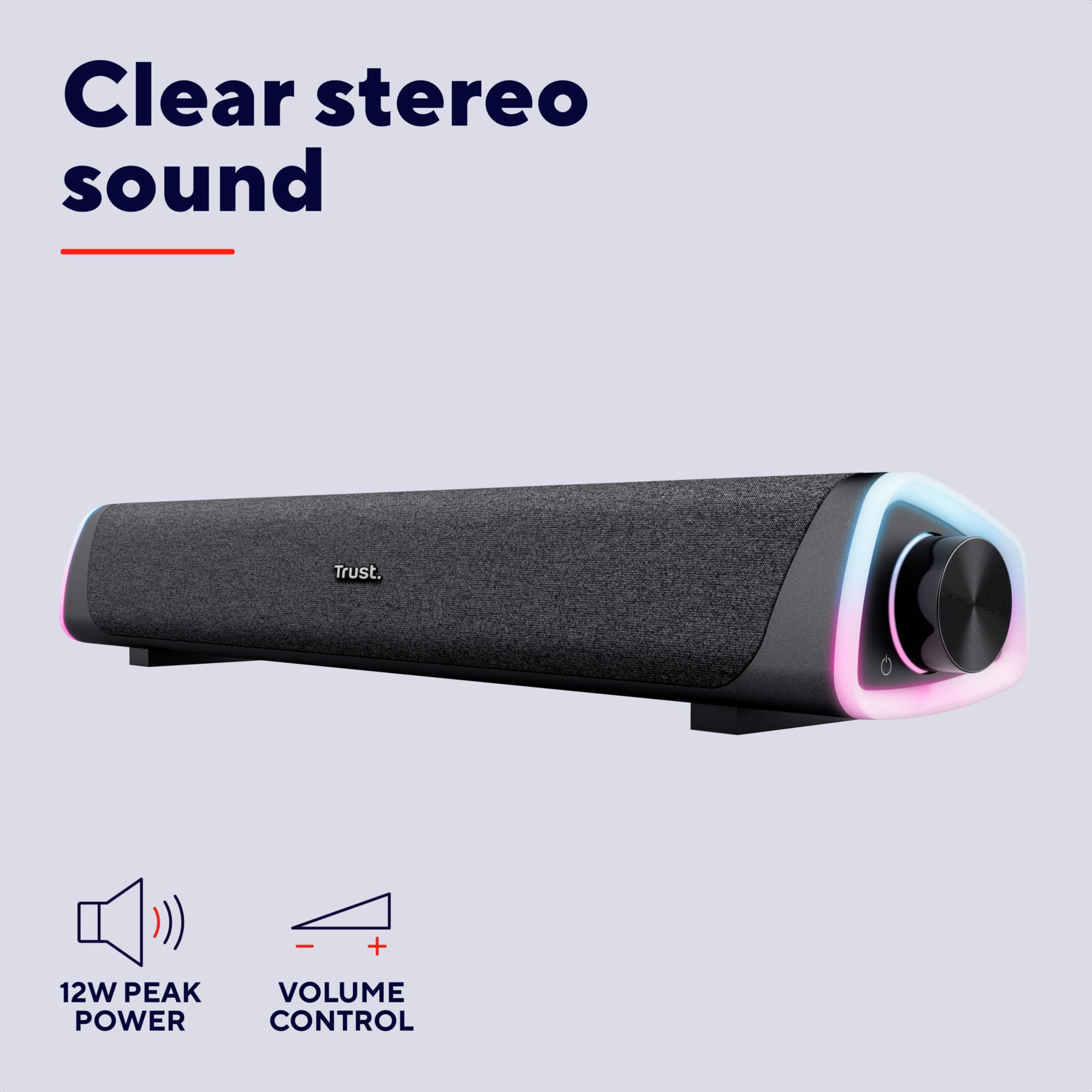 Trust Liro Soundbar do Komputera i Laptopa, Kompaktowy Głośnik Stereo LED RGB Zasilany przez USB, Moc Szczytowa 12W, Połączenie Audio Jack 3,5 mm, Podświetlane Głośniki PC, Czarny