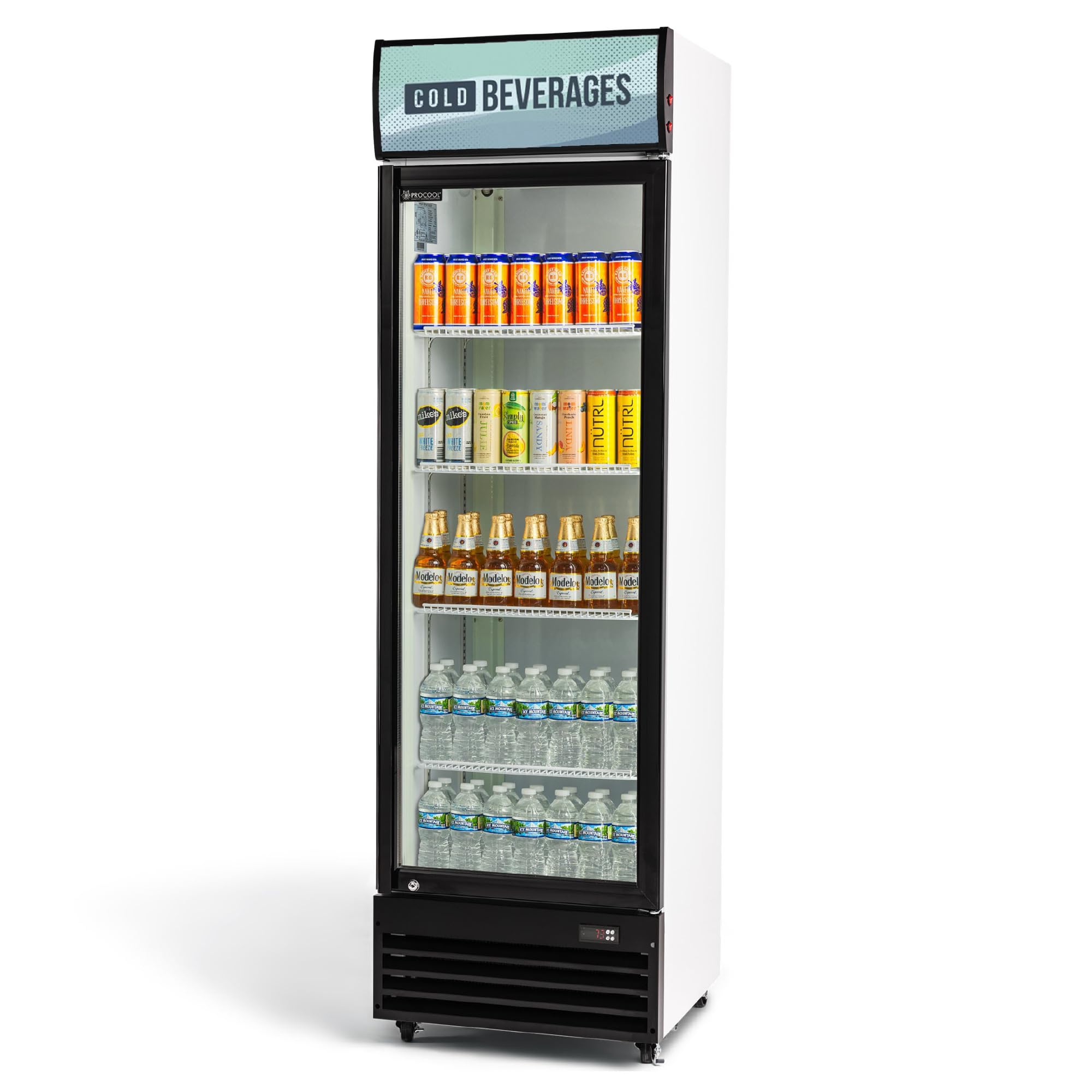Procool White Display Refrigerator, 12.7 CuFt, 1 Door, Cold Beverages Sign