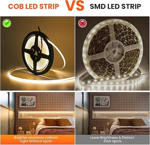 Miniatura 5 de HEGEHE Tira de luces LED COB regulables, 16.4 ft16.4 pies DC5V 320LEDsm, no impermeable, flexible, tira de luces FOB, cinta blanca natural flexible