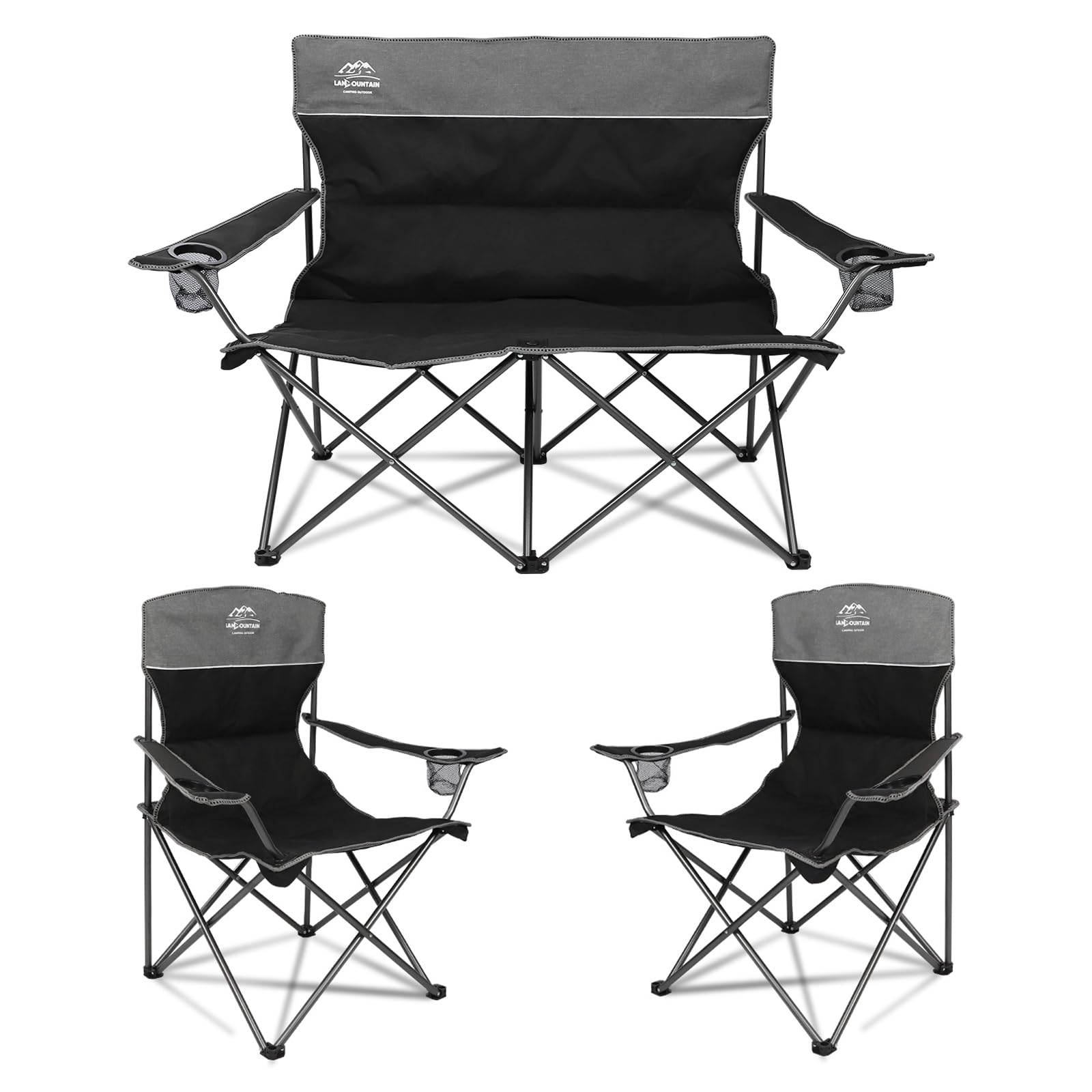 LANMOUNTAIN 3 Piece Portable Camping Chairs Set,Folding Lawn Chair Set with Cup Holder,Outdoor Heavy Duty Comfy Chairs,Loveseat Chair Perfect for