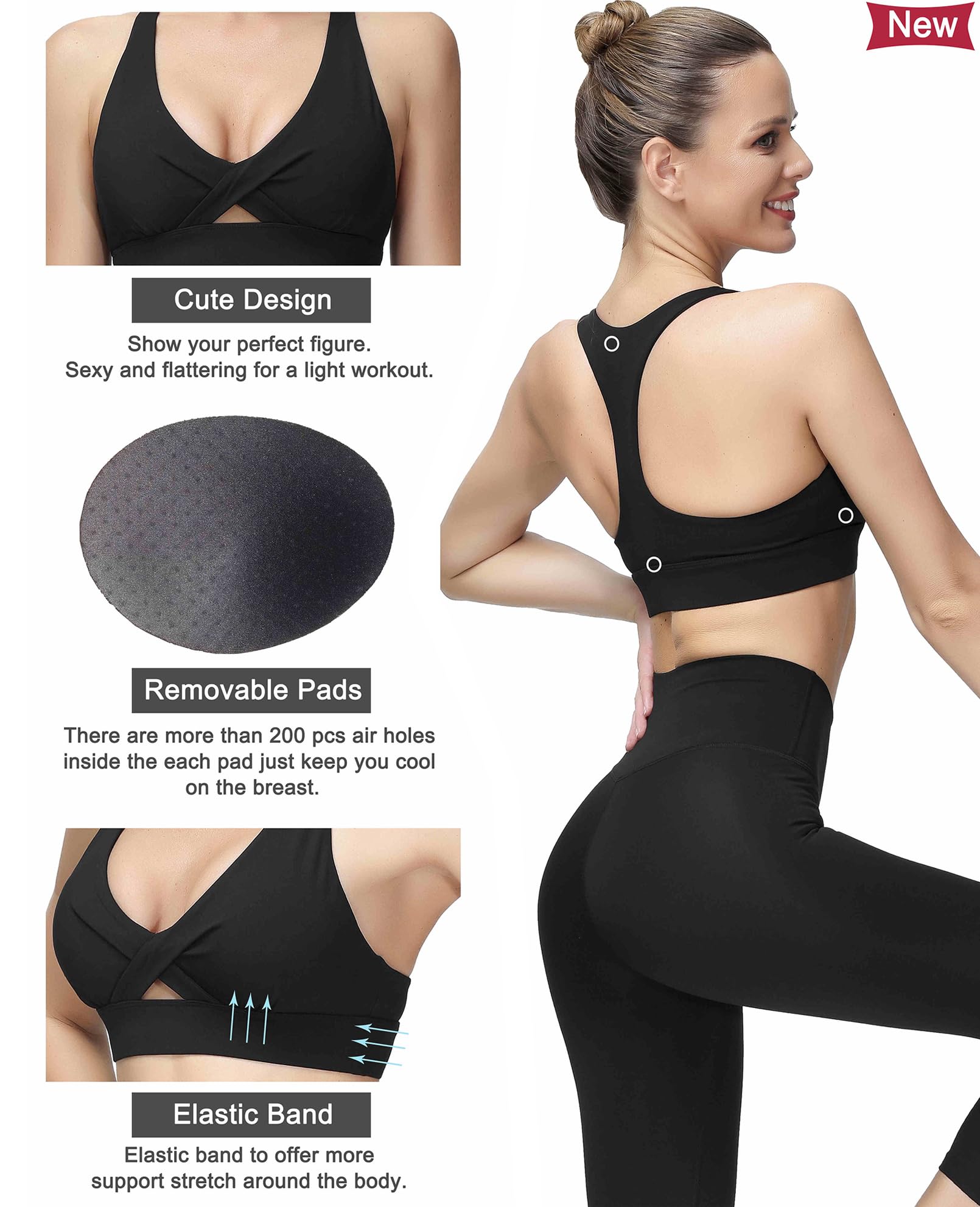 MotoRun Brasier deportivo con espalda cruzada para mujer, sexy, parte delantera cruzada, acolchado, gimnasio, correr, yoga, negro, Medium