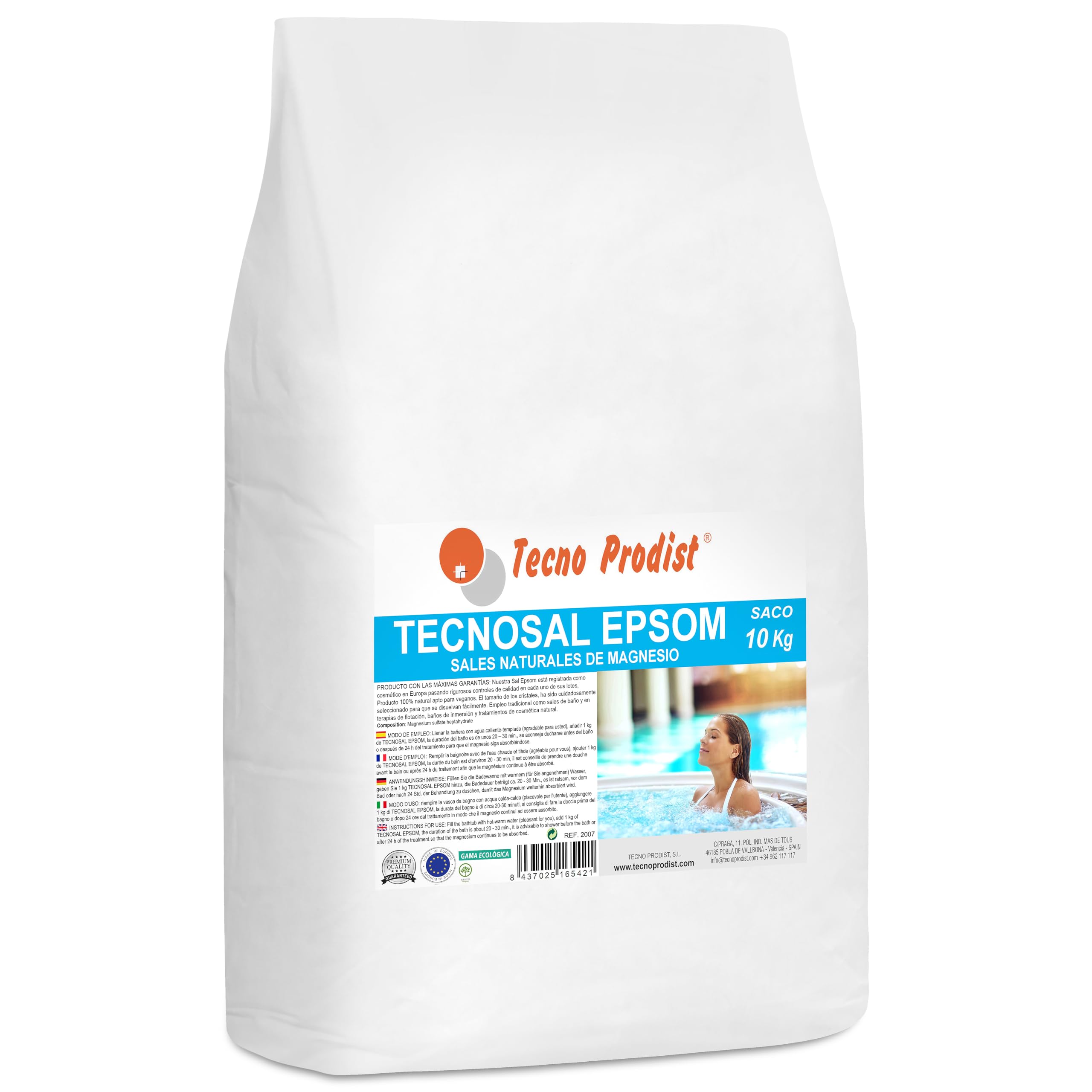 TECNOSAL EPSOM de TECNO PRODIST Sales de Epsom (SACO 10 Kg) Sal de baño, tratamiento corporal 100% natural, terapias flotación, baños de inmersión, piscinas