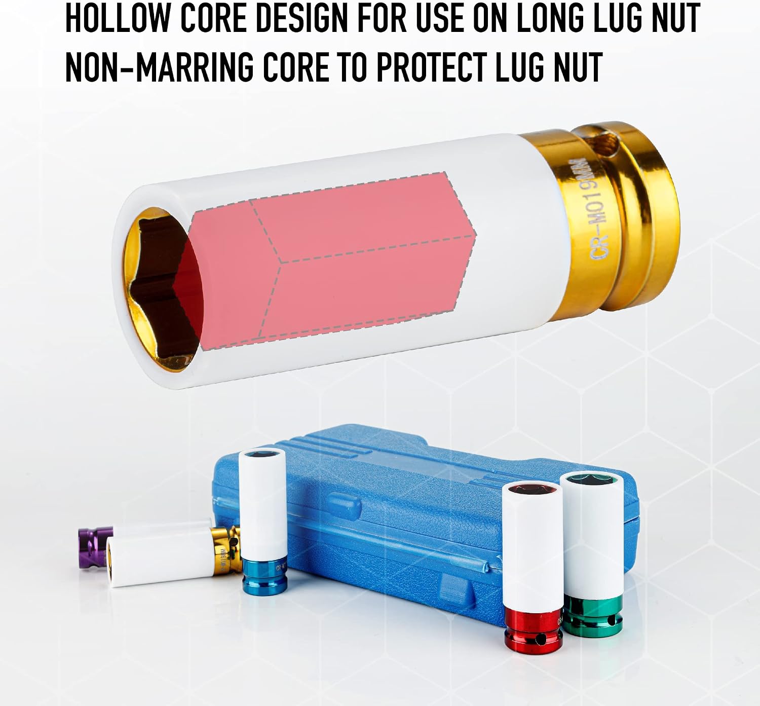 CARTMAN 5 Piece Set 1/2 Inch Drive Deep Impact Socket, Non-Marring Impact Lug Nut Socket with Protective Sleeves, CR-MO